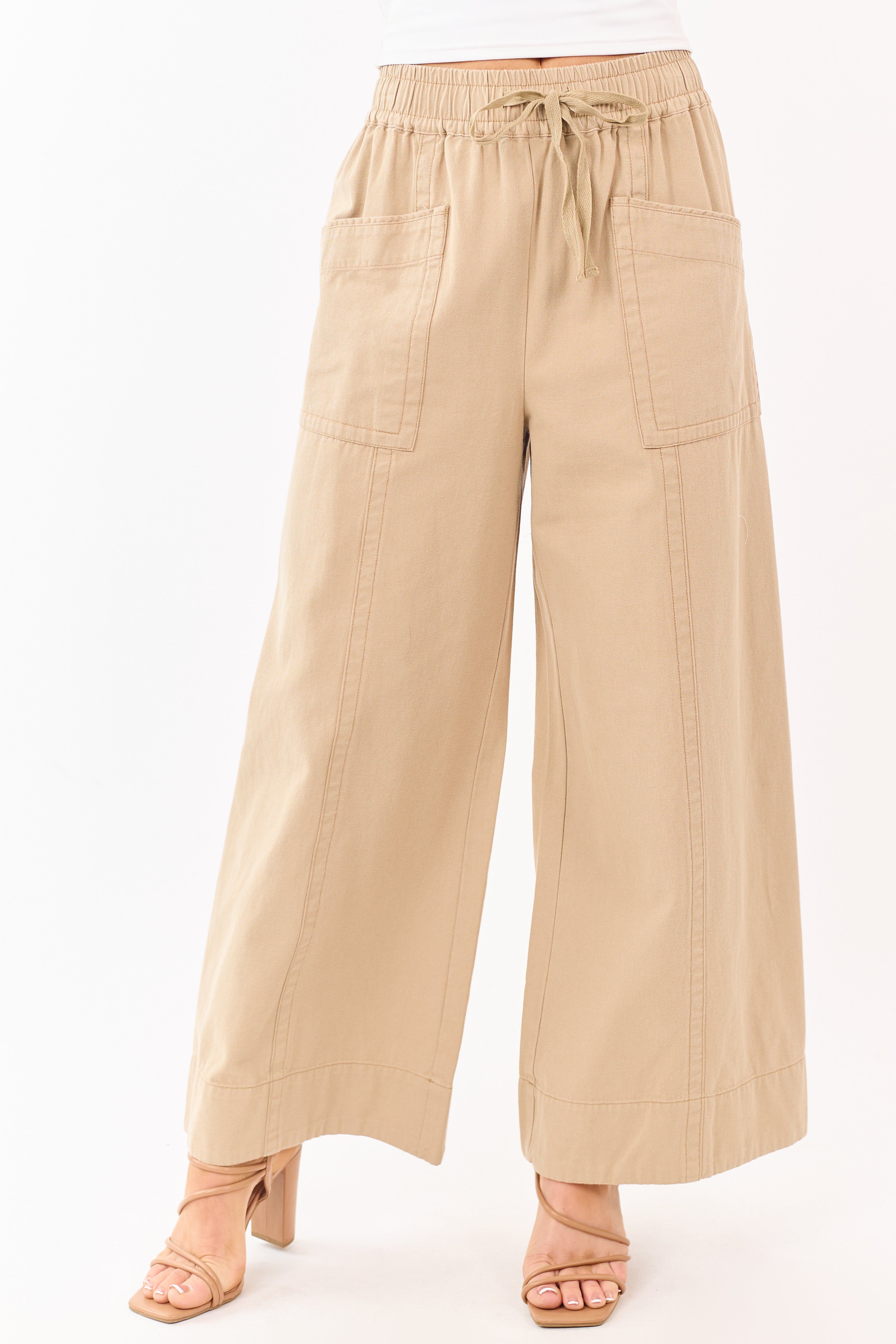 Khaki Elastic Drawstring Waist Wide Leg Twill Pants