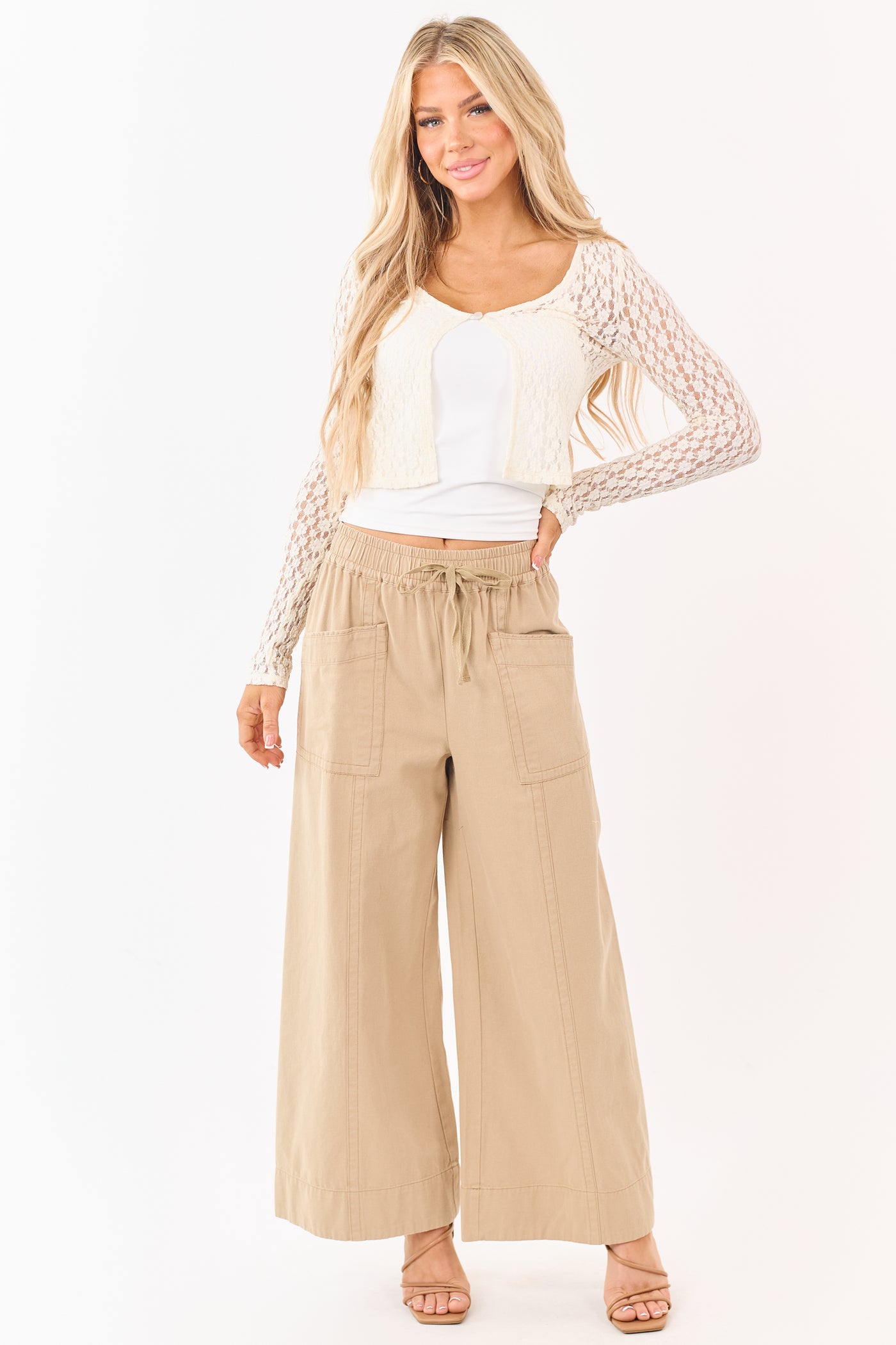 Khaki Elastic Drawstring Waist Wide Leg Twill Pants