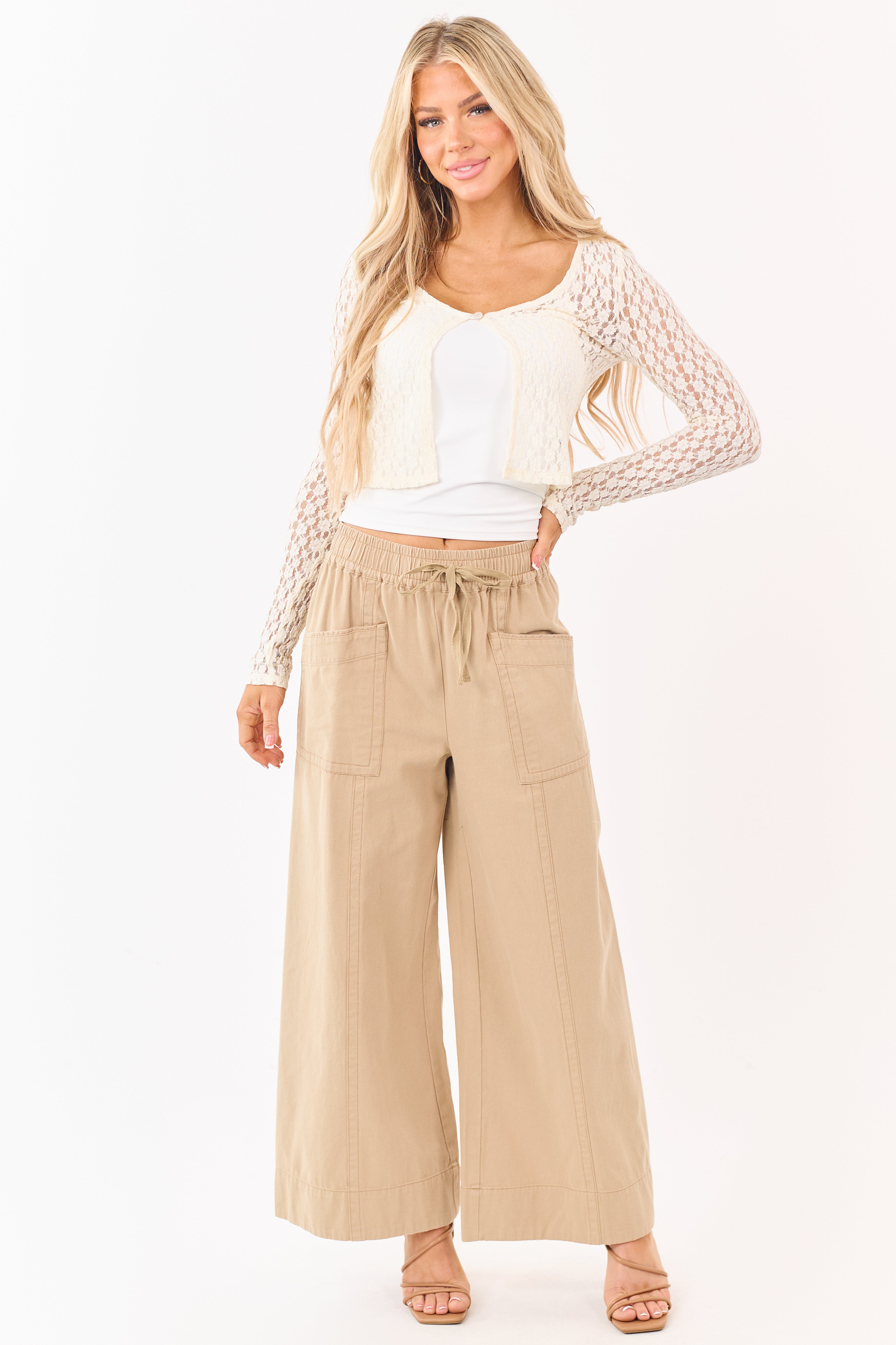 Khaki Elastic Drawstring Waist Wide Leg Twill Pants