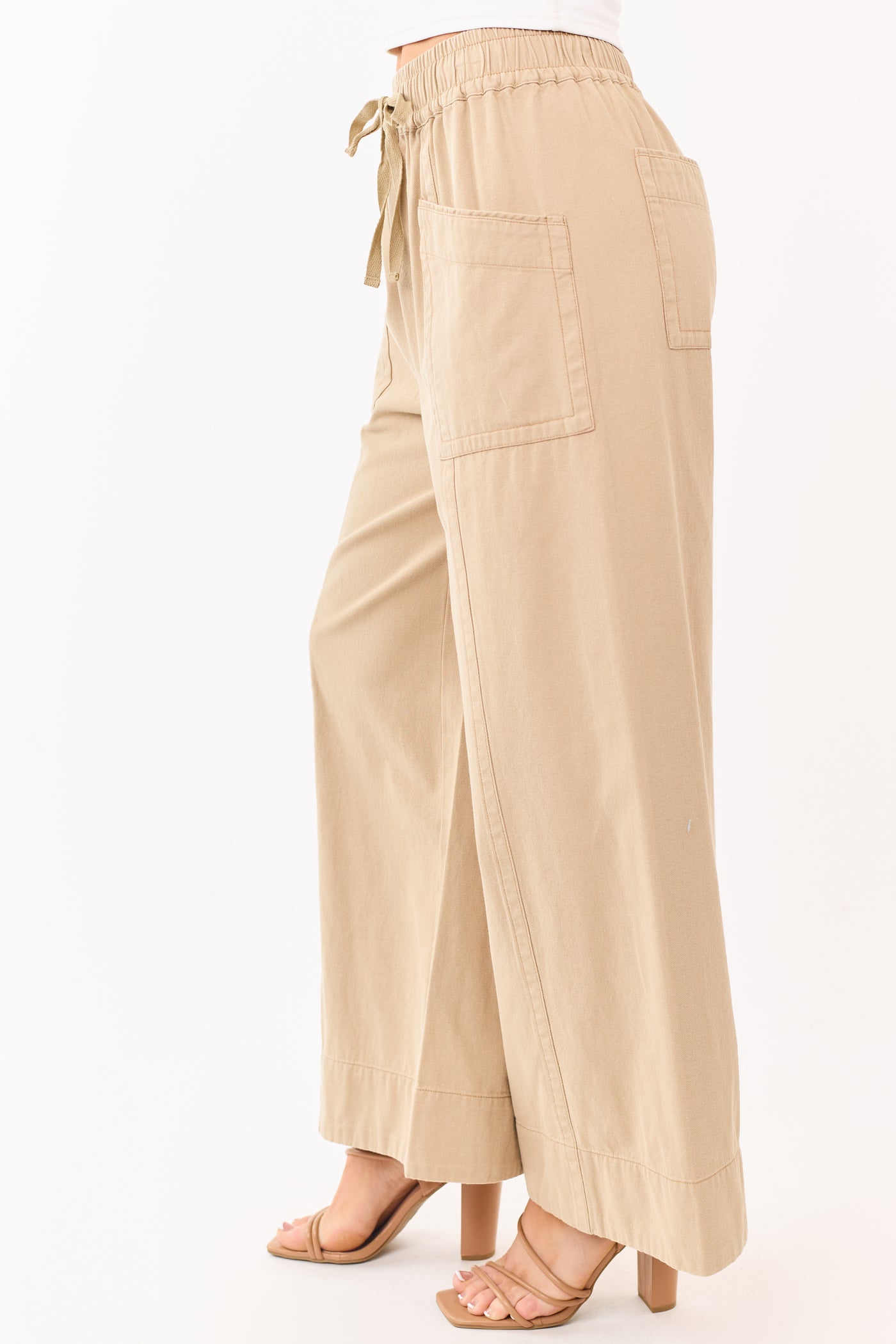 Khaki Elastic Drawstring Waist Wide Leg Twill Pants