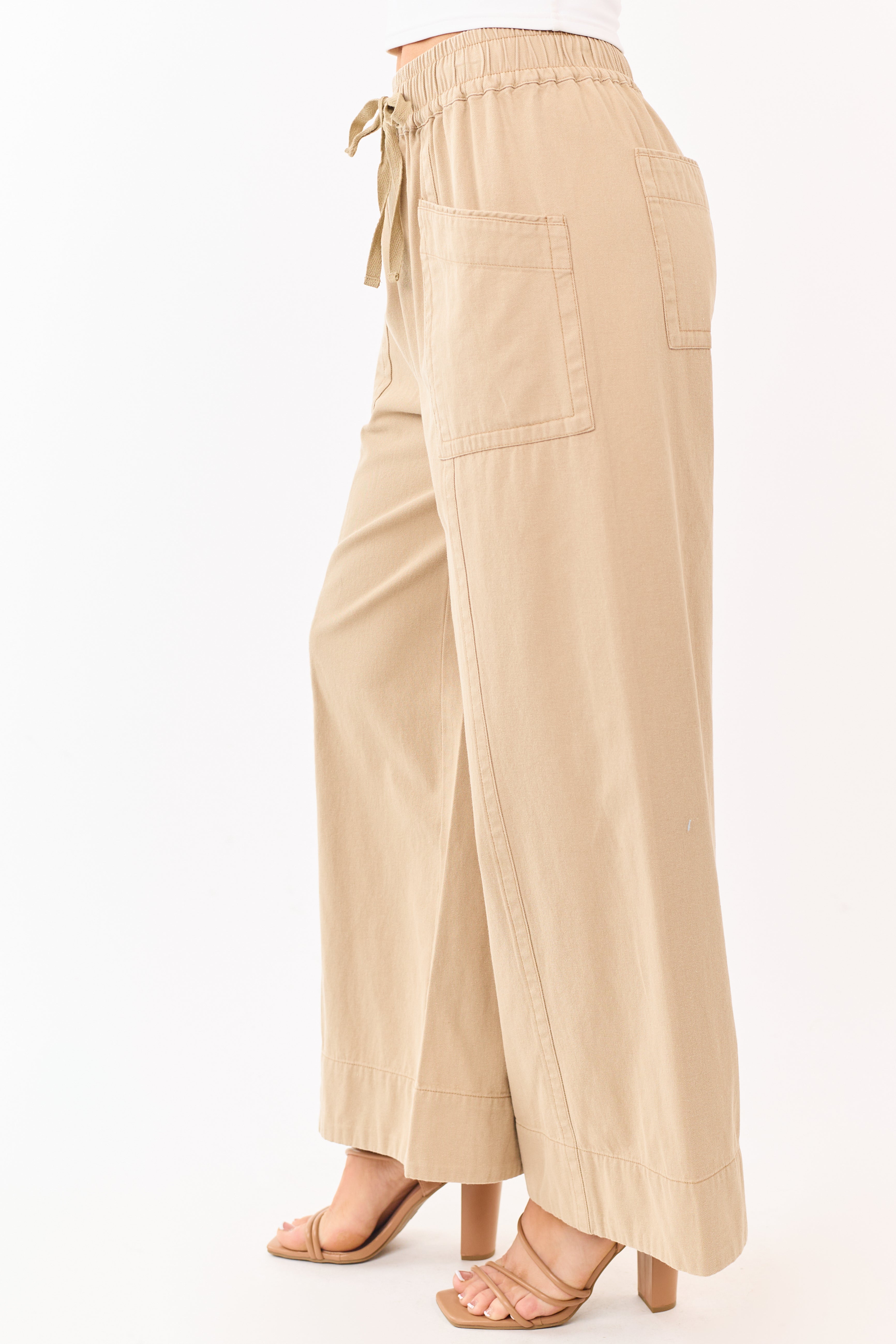 Khaki Elastic Drawstring Waist Wide Leg Twill Pants
