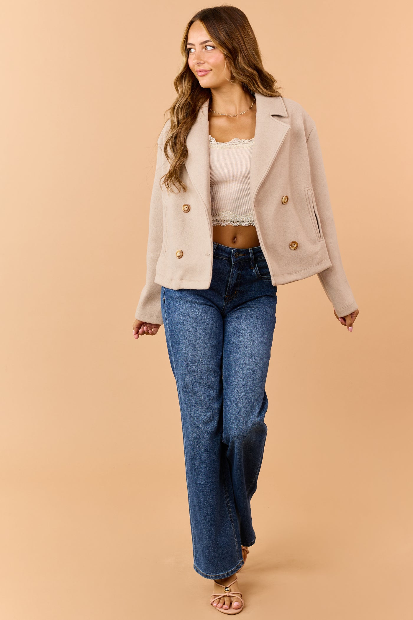 Khaki Fleece Lapel Collar Double Breasted Coat