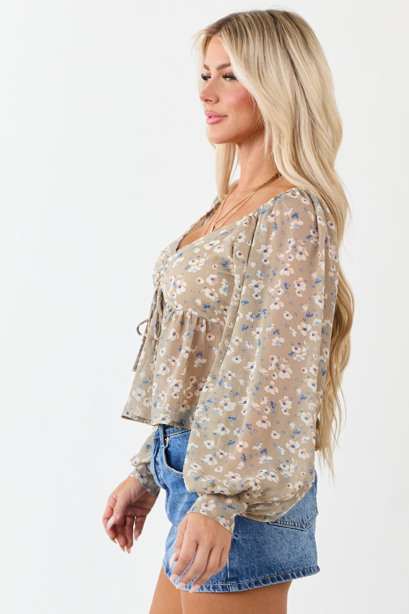 Khaki Floral Print Sweetheart Neck Long Sleeve Top