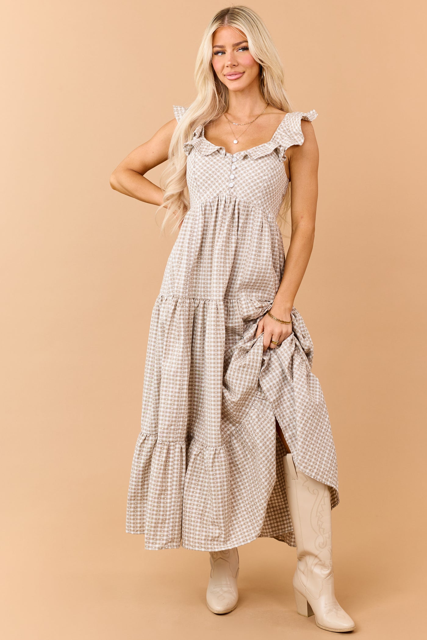 Khaki Heart Gingham Ruffle Strap Maxi Dress