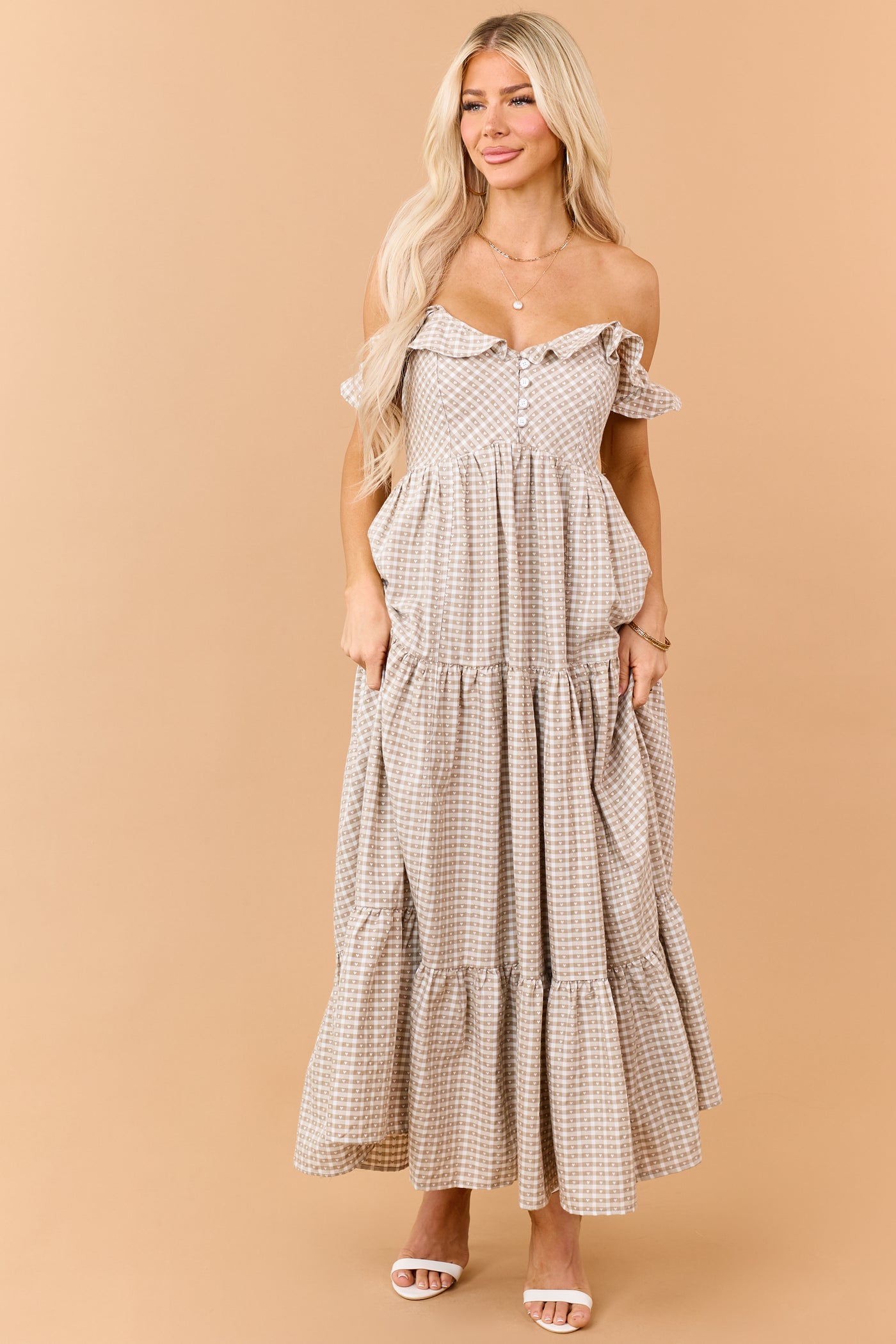 Khaki Heart Gingham Ruffle Strap Maxi Dress