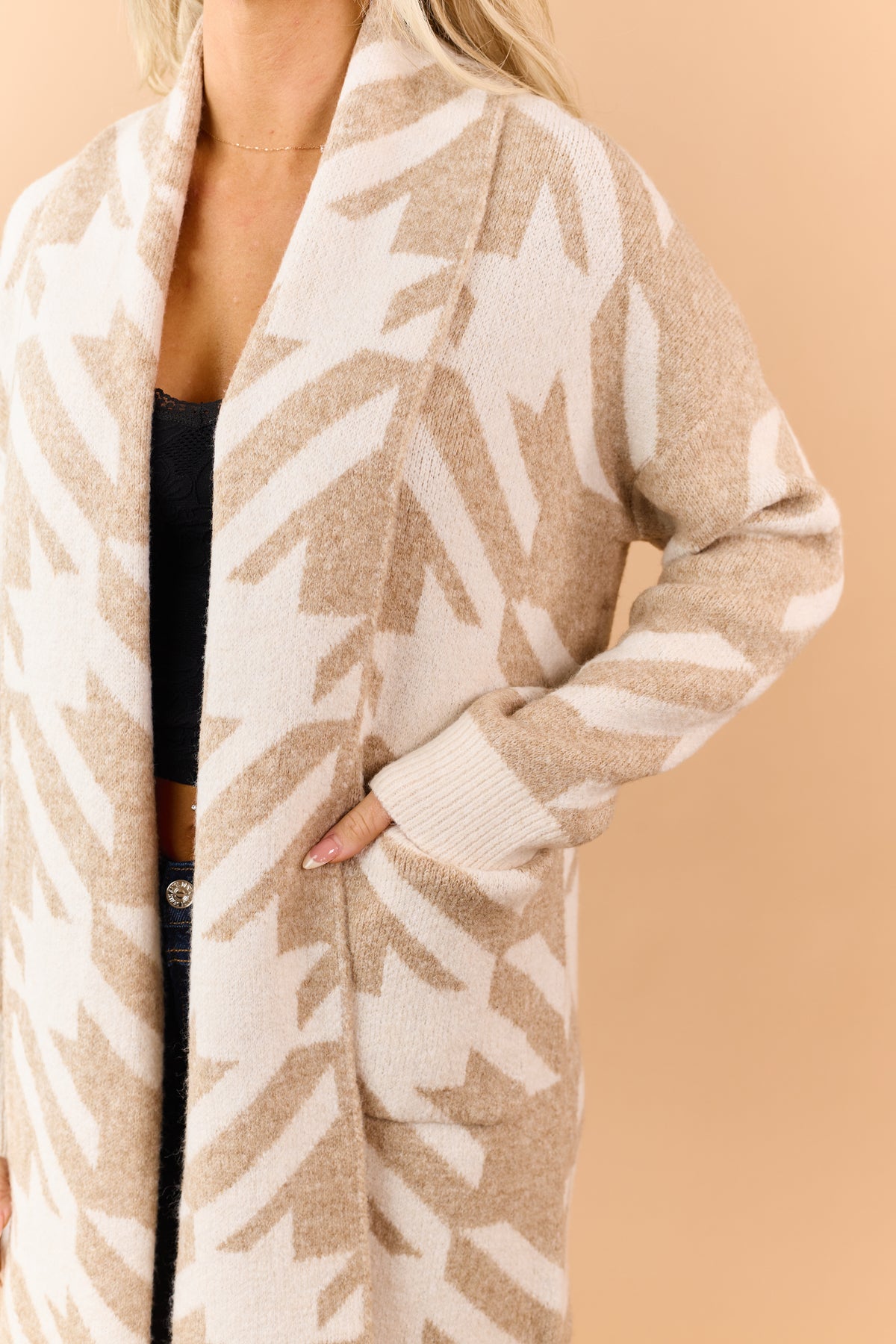 Khaki Houndstooth Open Front Duster Cardigan
