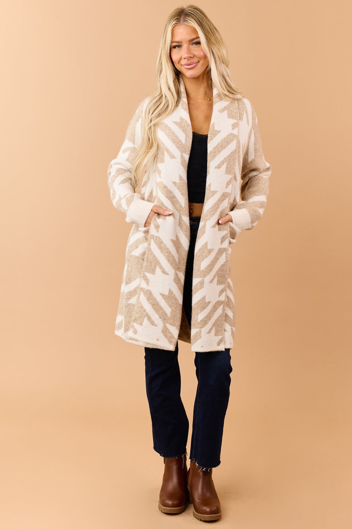 Khaki Houndstooth Open Front Duster Cardigan