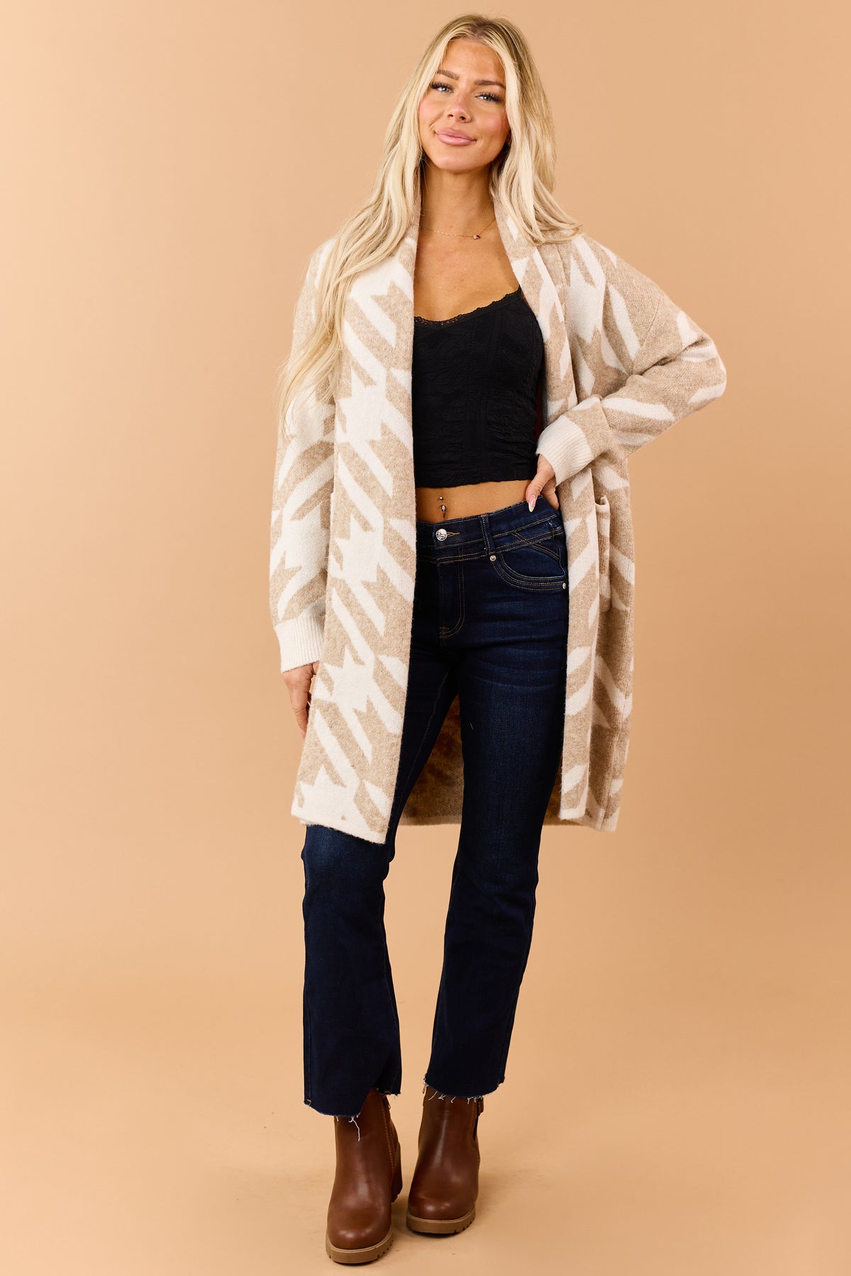 Khaki Houndstooth Open Front Duster Cardigan