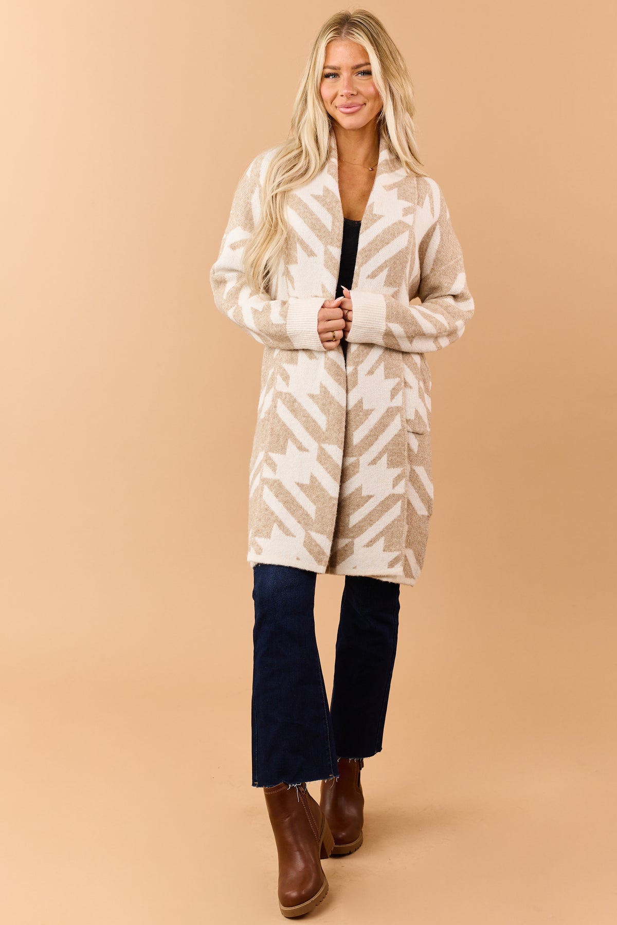 Khaki Houndstooth Open Front Duster Cardigan