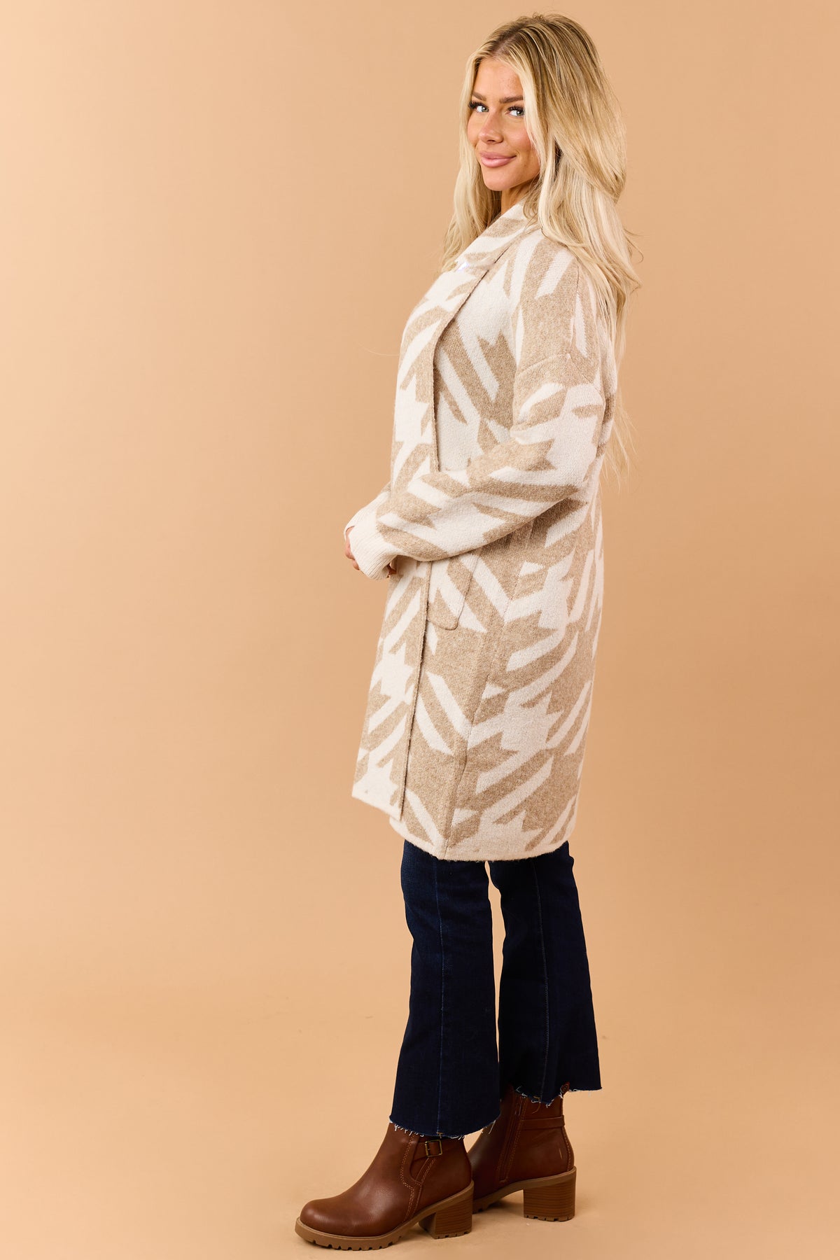 Khaki Houndstooth Open Front Duster Cardigan