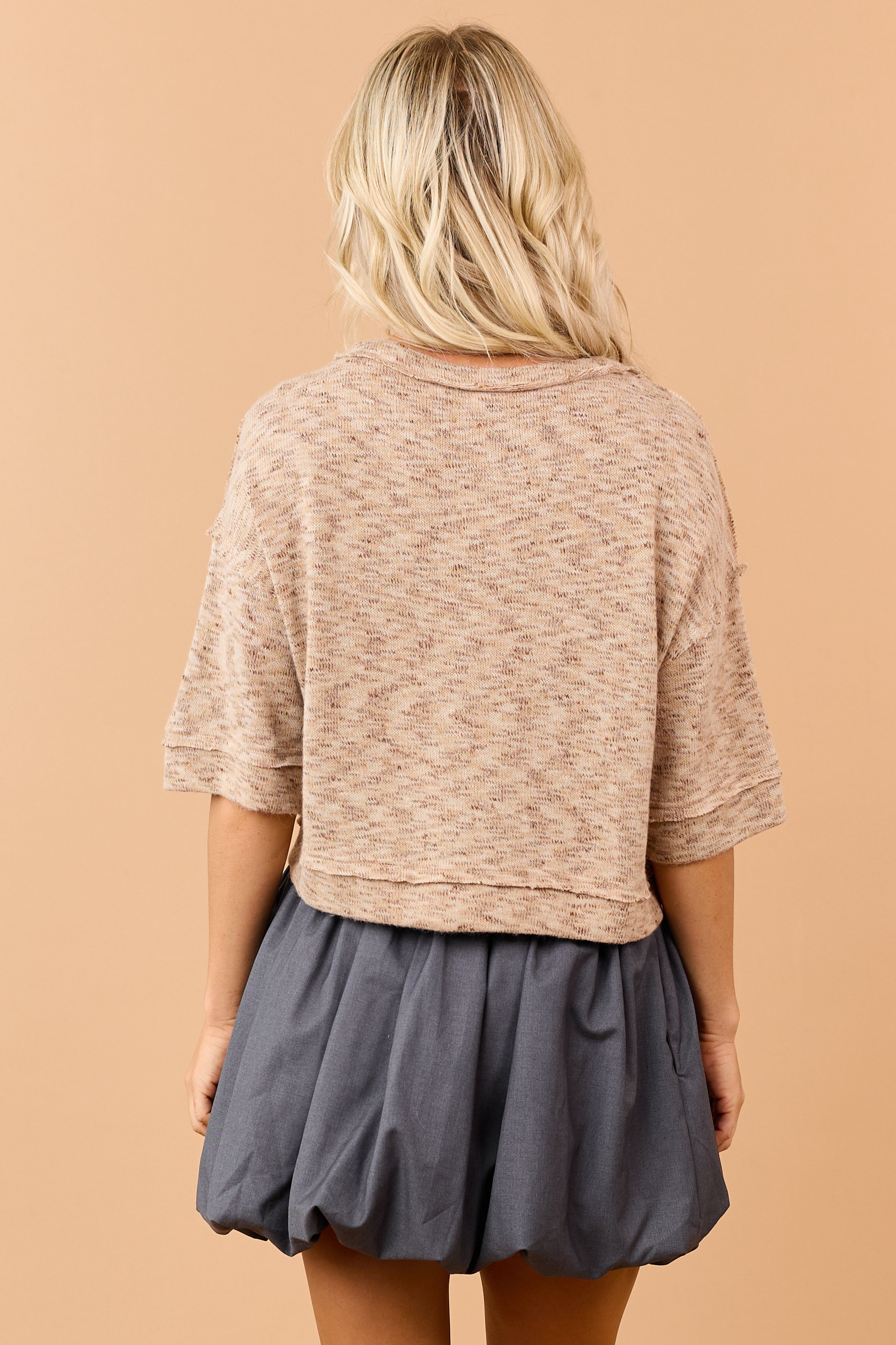 Khaki Marled Knit Half Sleeve Cardigan