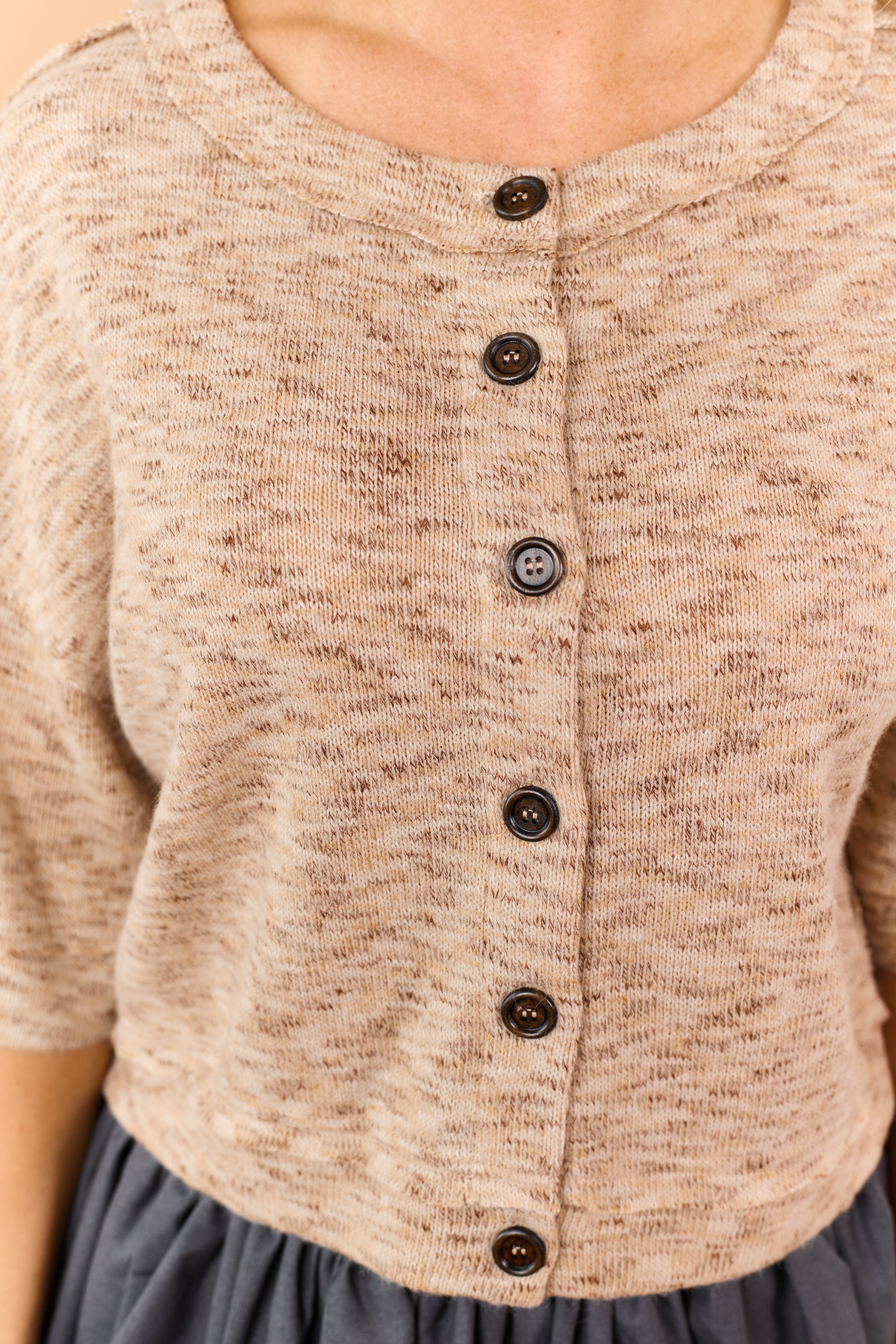 Khaki Marled Knit Half Sleeve Cardigan