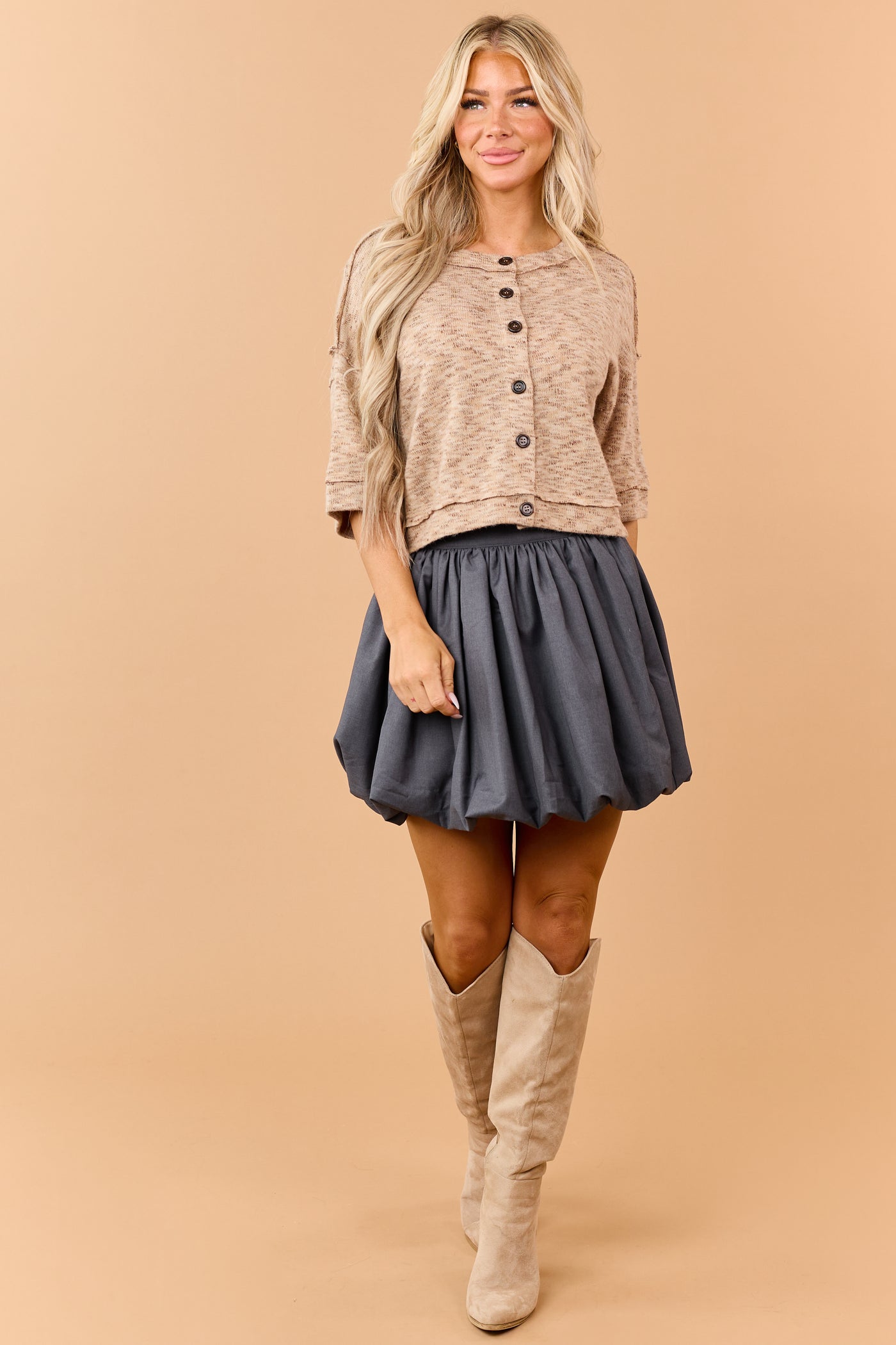 Khaki Marled Knit Half Sleeve Cardigan