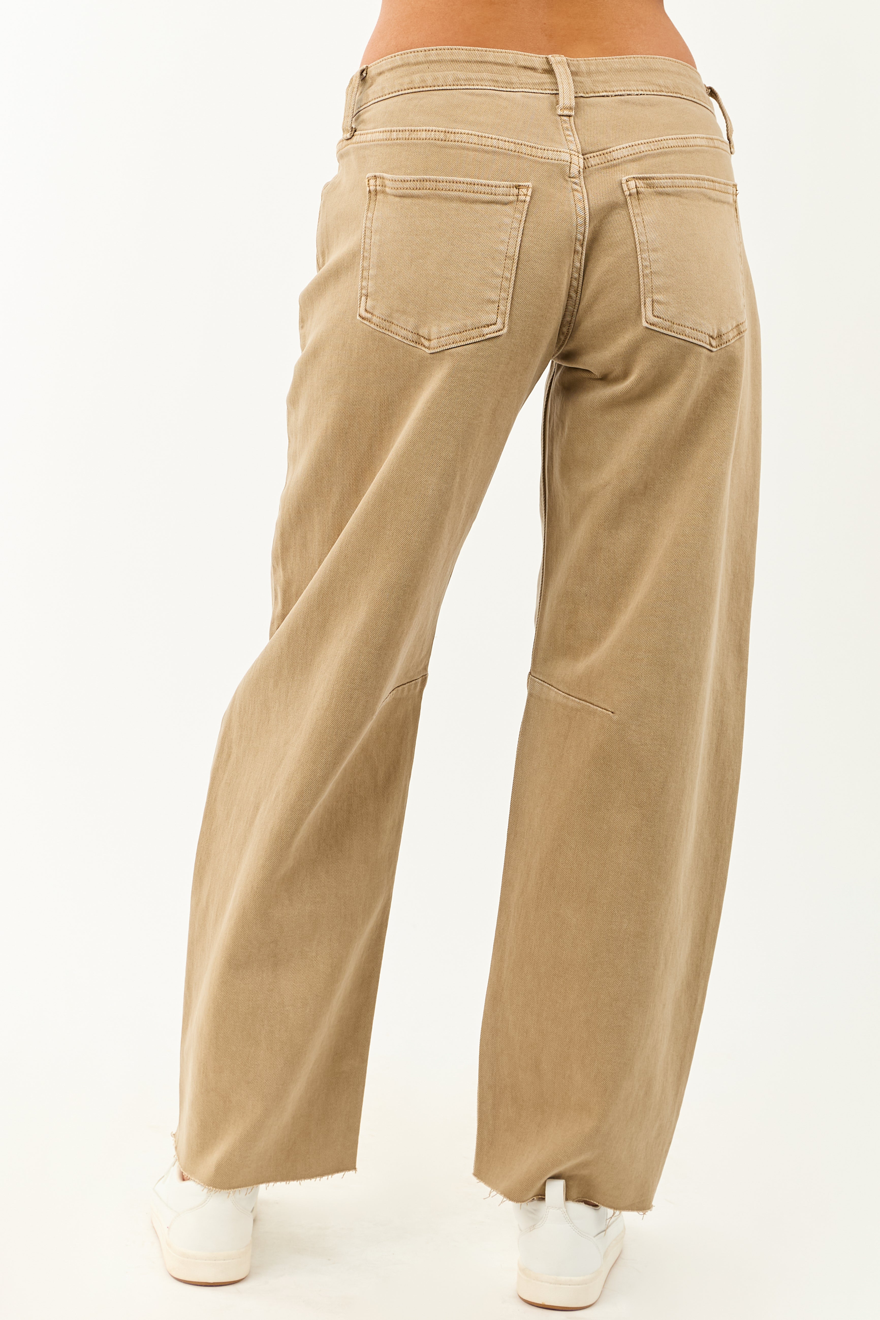 Khaki Mid Rise Raw Hem Barrel Jeans