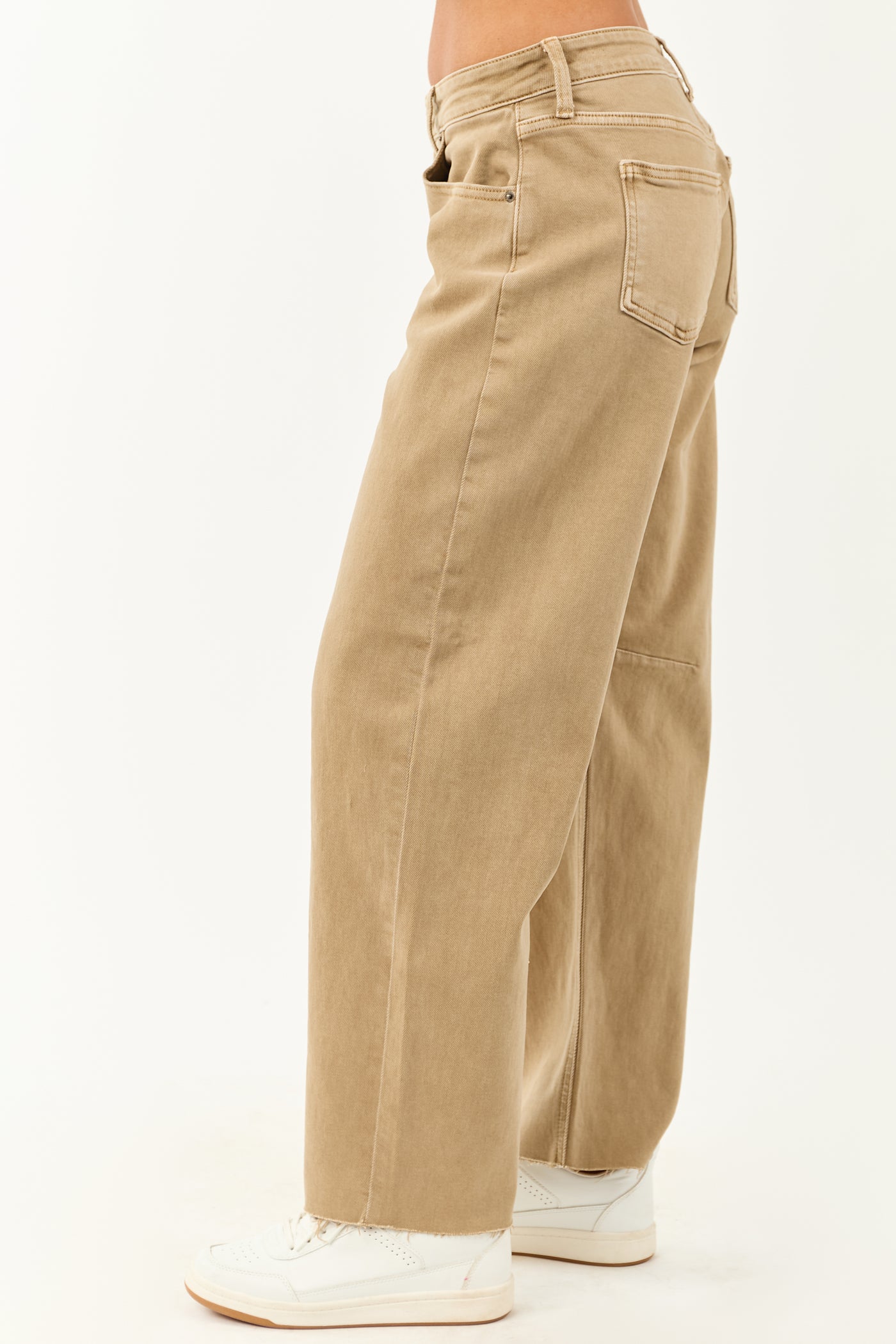 Khaki Mid Rise Raw Hem Barrel Jeans