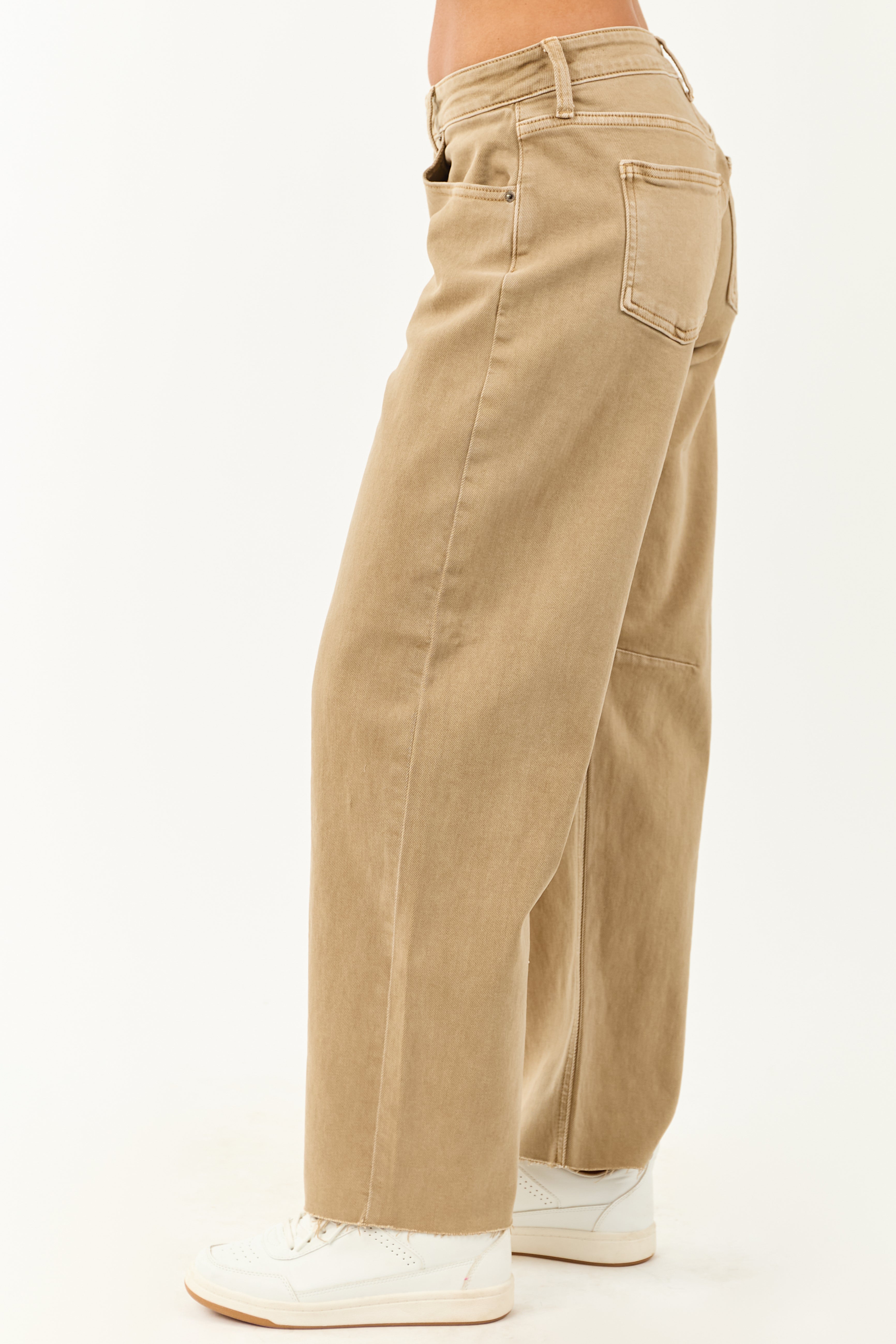 Khaki Mid Rise Raw Hem Barrel Jeans