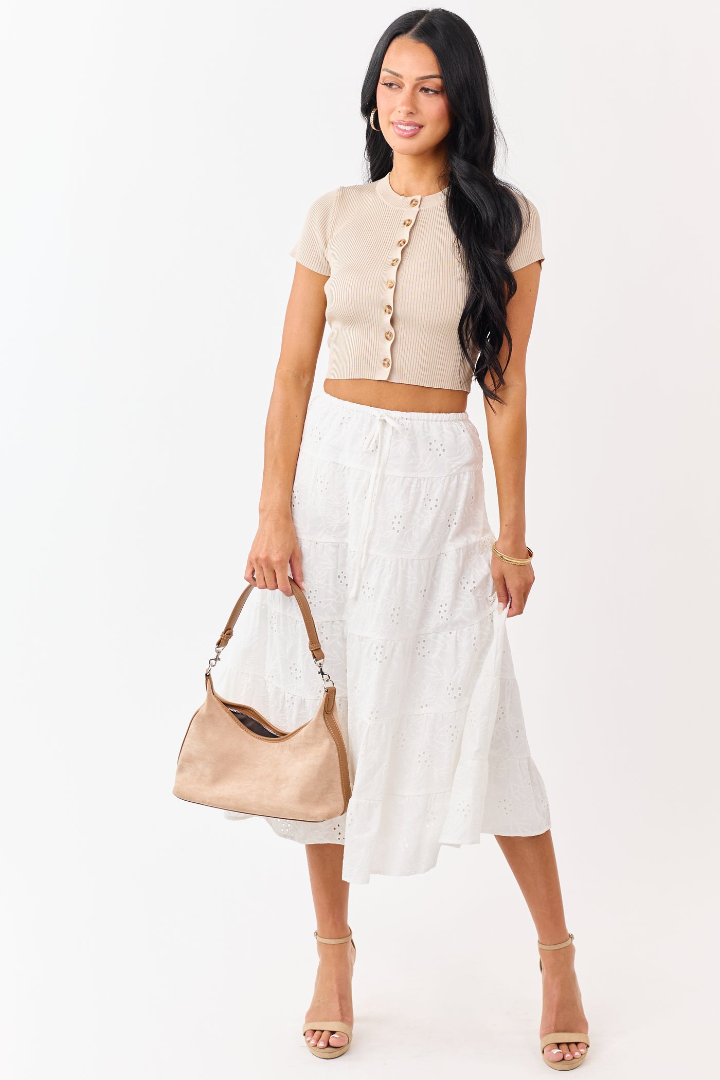 Khaki Rib Knit Cropped Short Sleeve Top