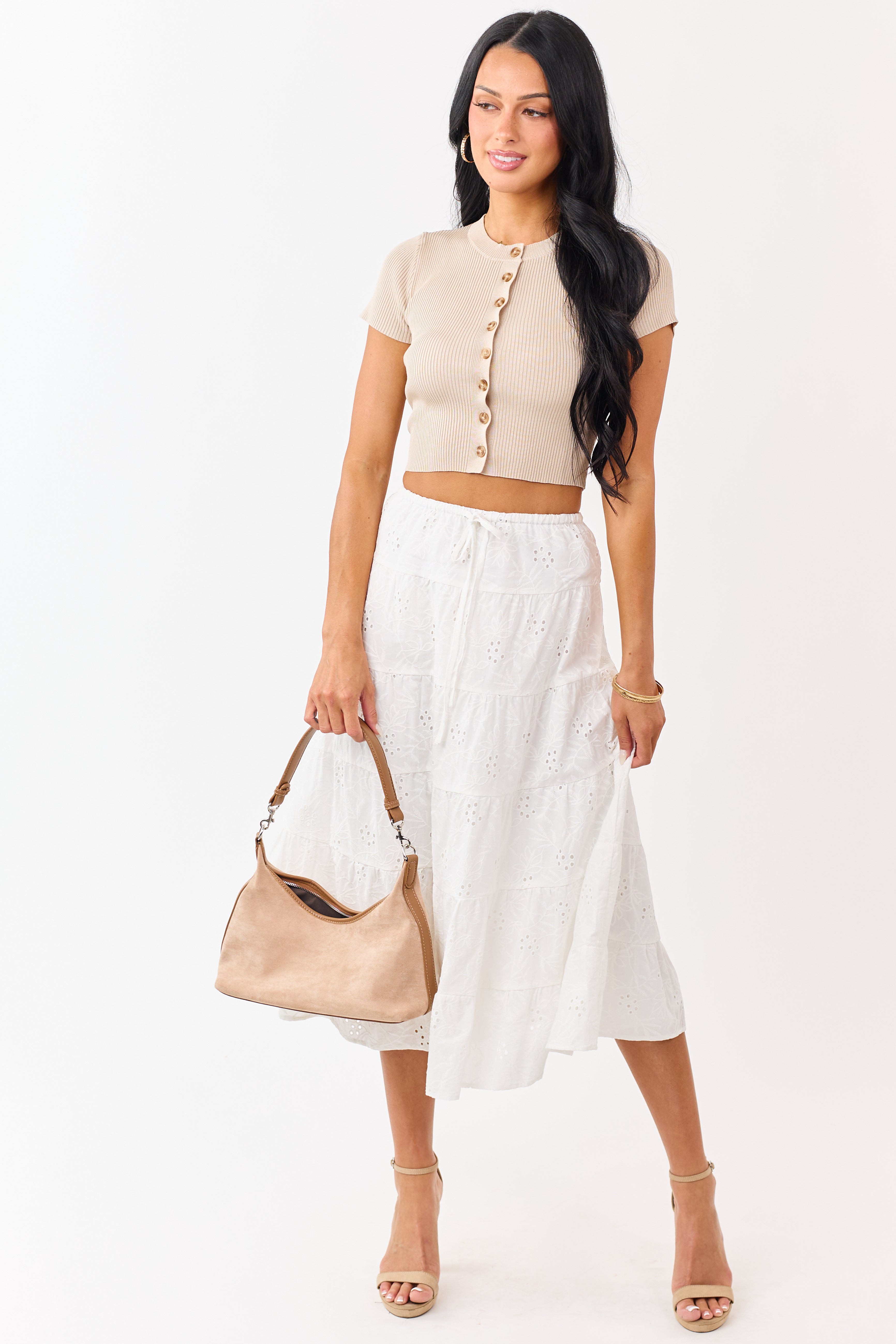 Khaki Rib Knit Cropped Short Sleeve Top