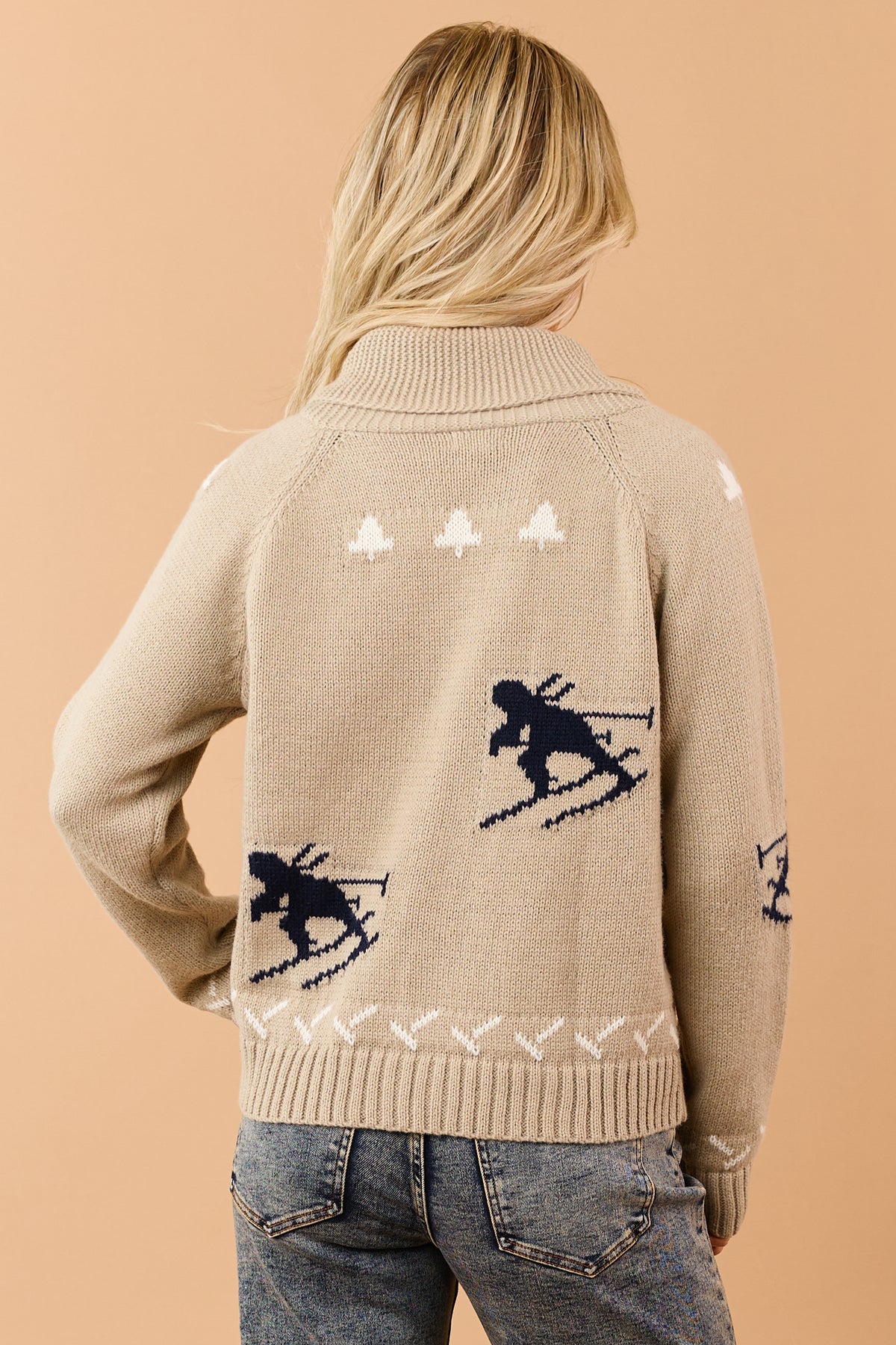 Khaki Rib Knit Ski Print Zip Up Long Sleeve Cardigan