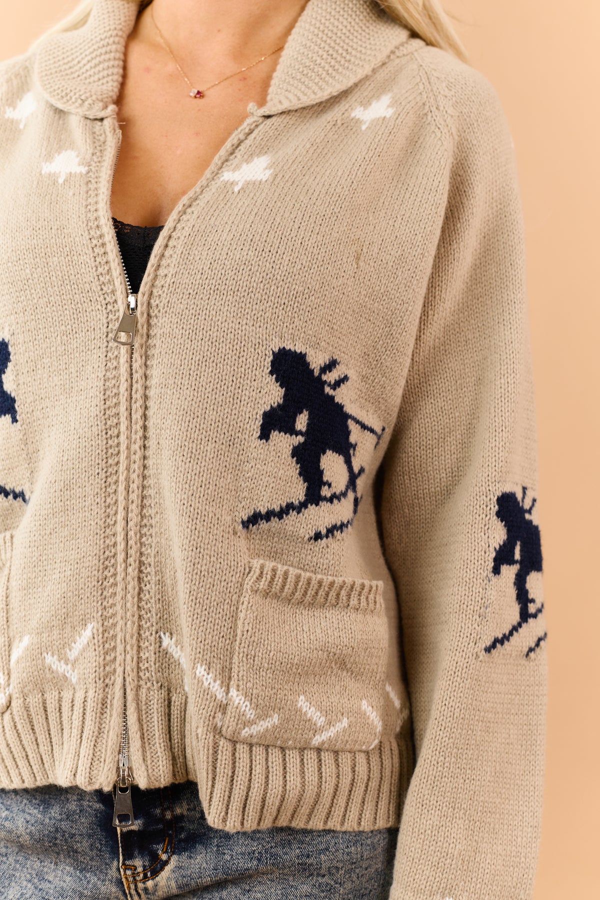 Khaki Rib Knit Ski Print Zip Up Long Sleeve Cardigan