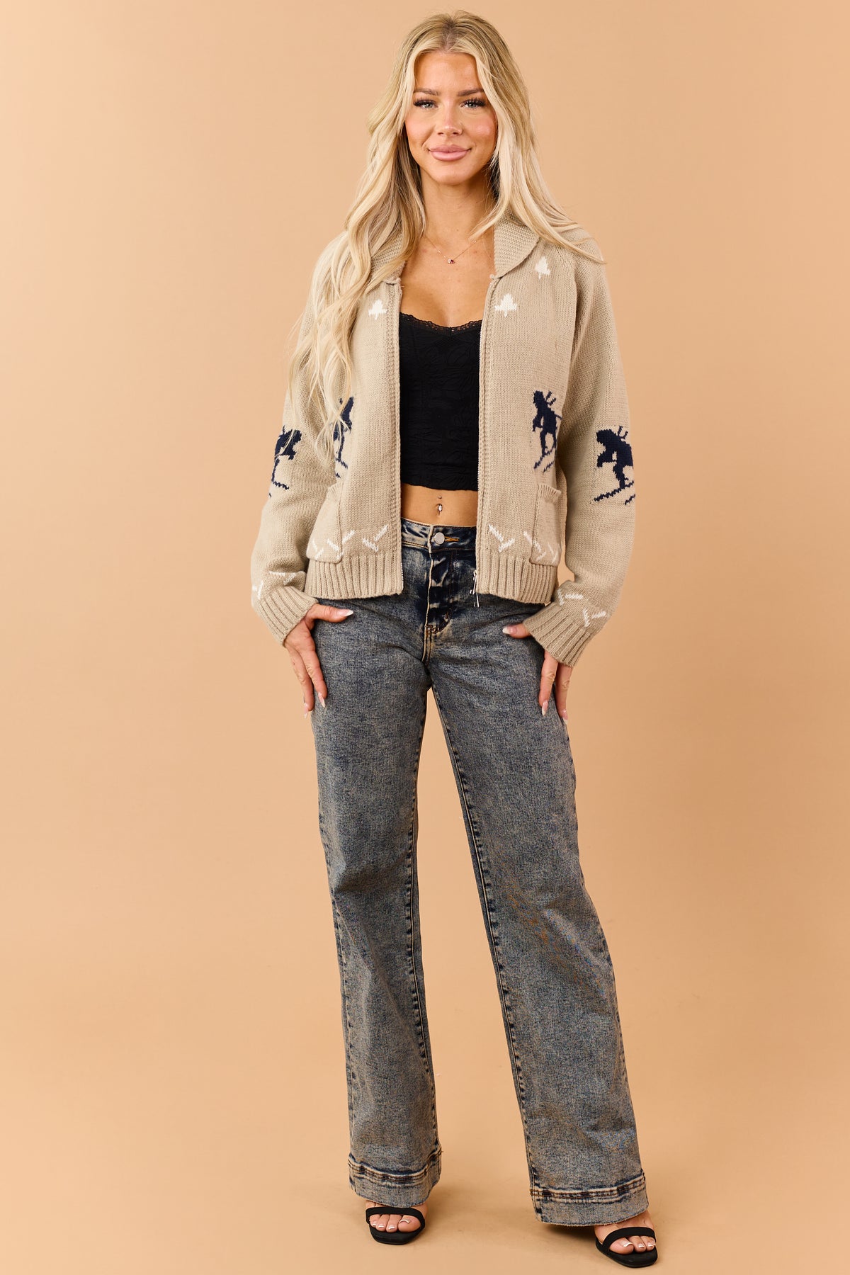 Khaki Rib Knit Ski Print Zip Up Long Sleeve Cardigan