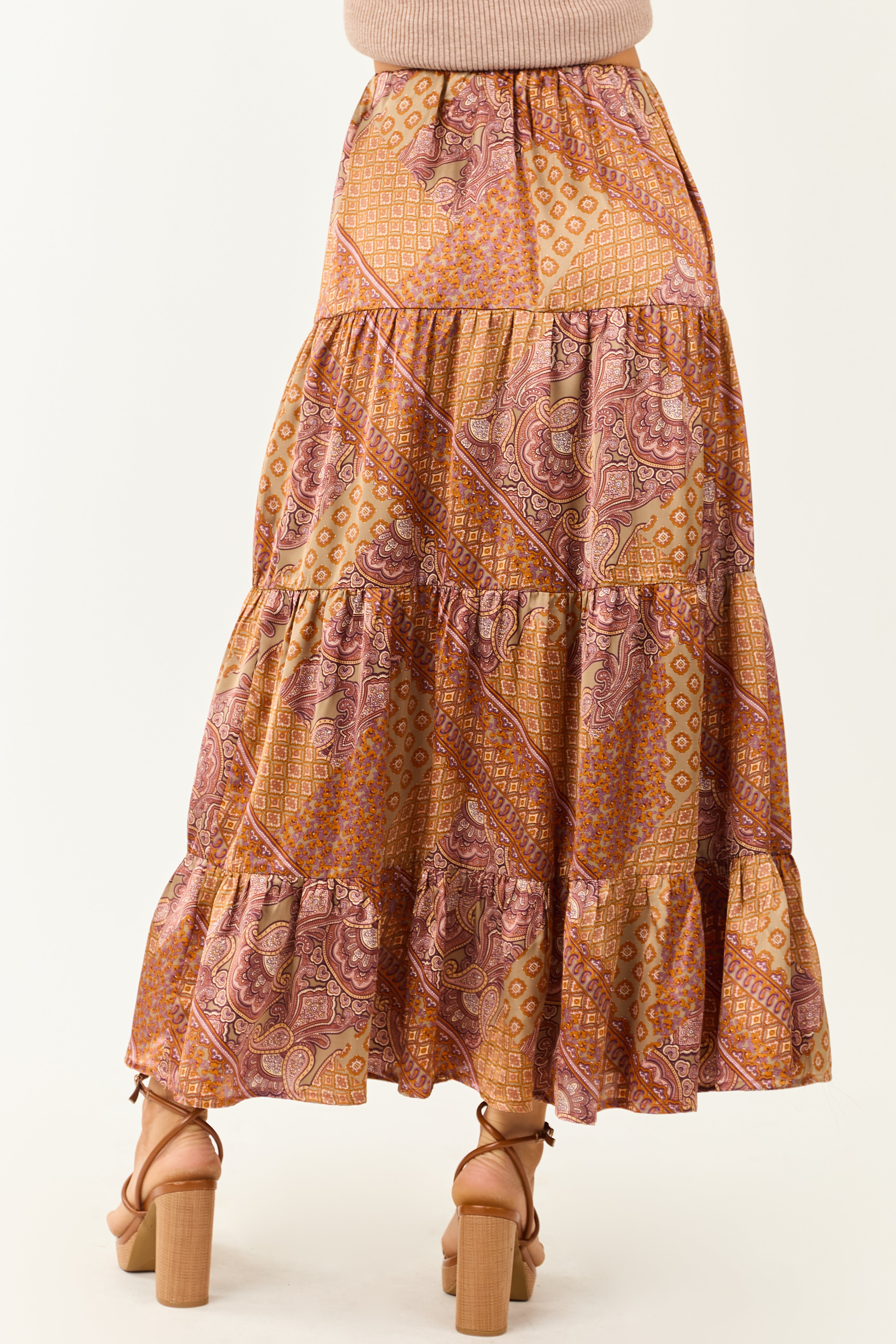 Khaki Scarf Print Satin Tiered Maxi Skirt