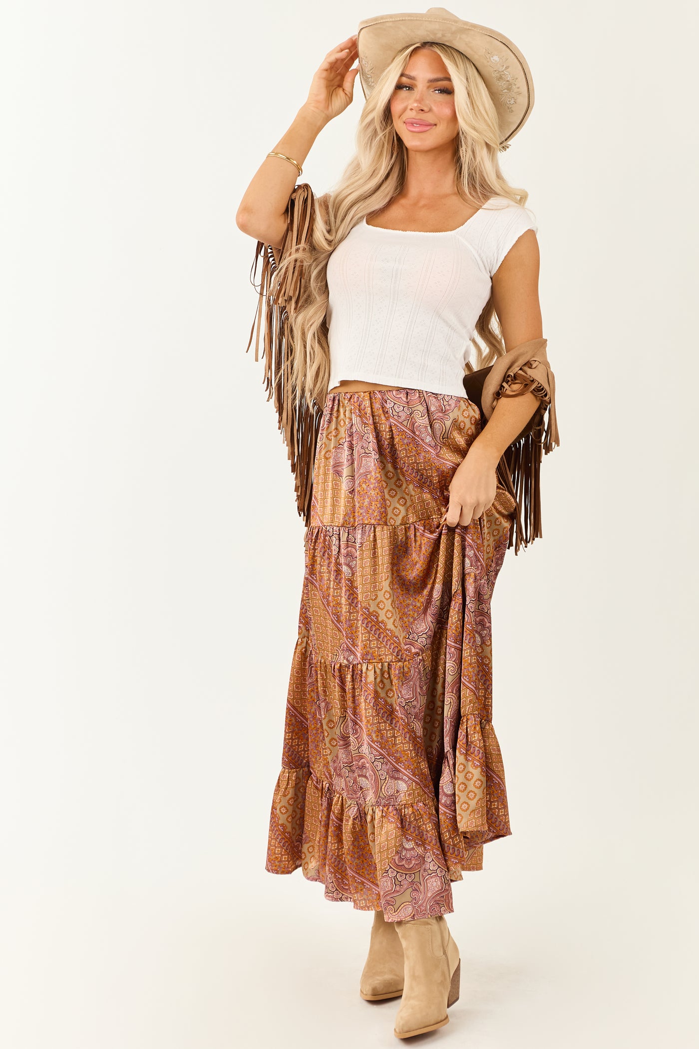 Khaki Scarf Print Satin Tiered Maxi Skirt