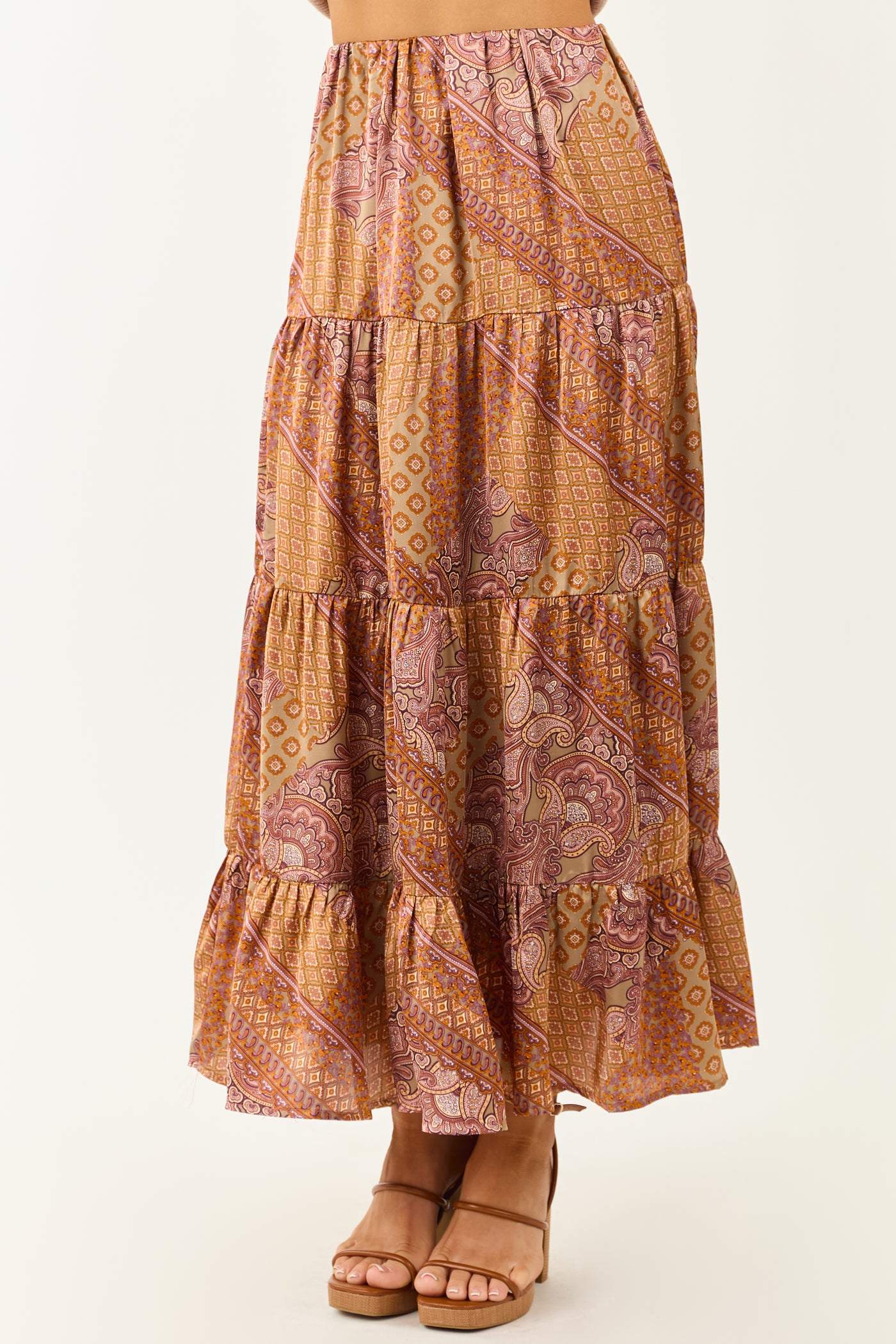 Khaki Scarf Print Satin Tiered Maxi Skirt