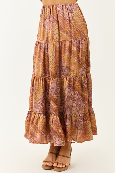 Khaki Scarf Print Satin Tiered Maxi Skirt