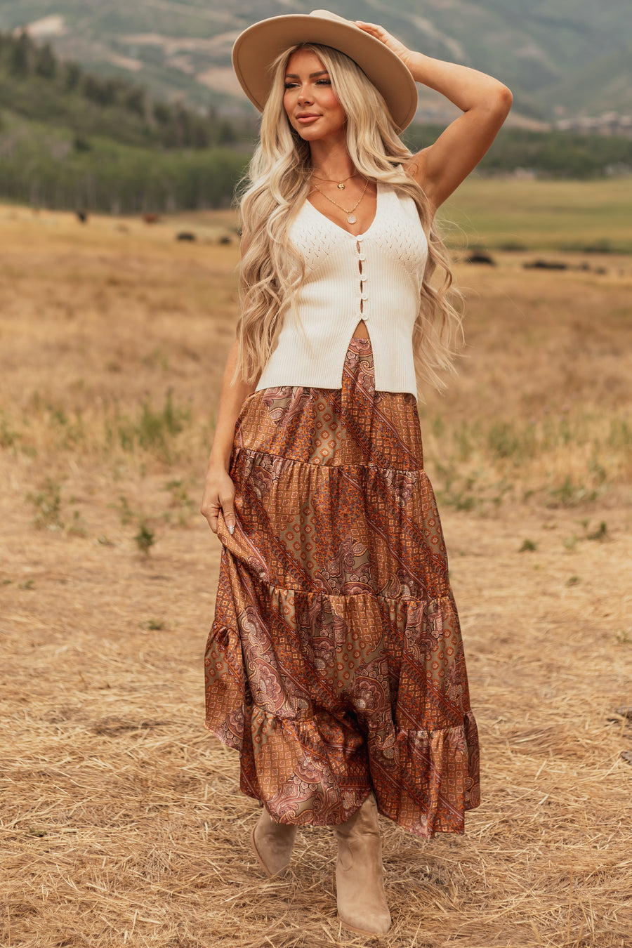 Khaki Scarf Print Satin Tiered Maxi Skirt