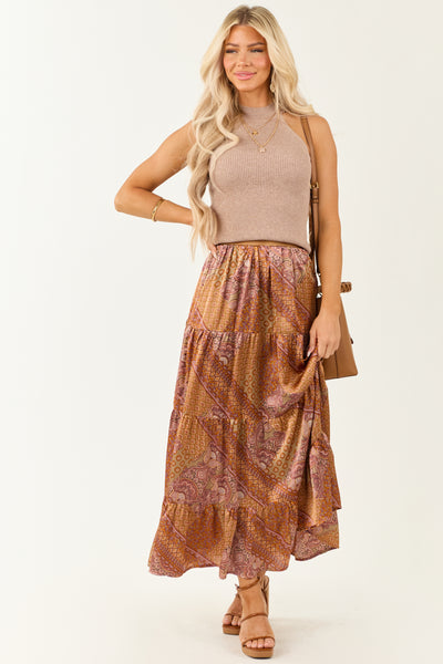 Khaki Scarf Print Satin Tiered Maxi Skirt
