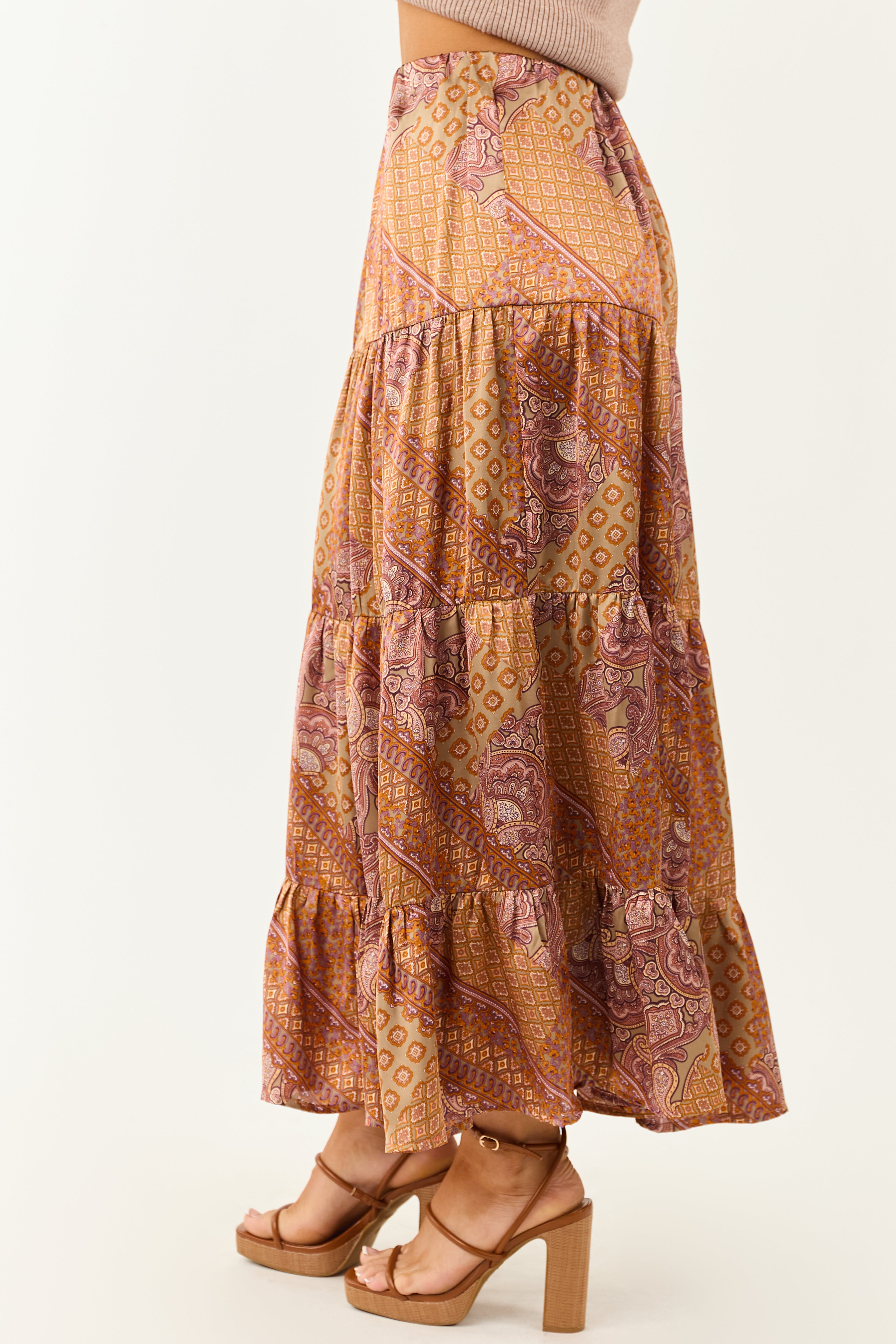 Khaki Scarf Print Satin Tiered Maxi Skirt