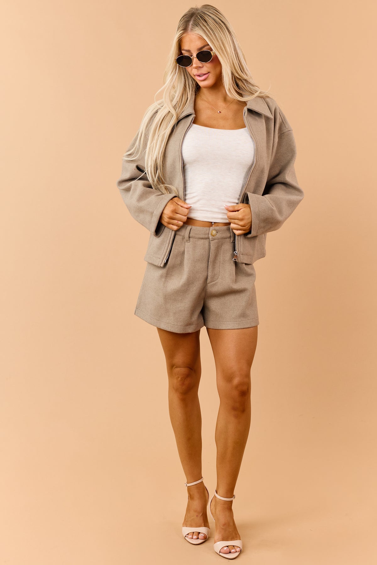 Khaki Soft Knit Zip Up Collared Jacket
