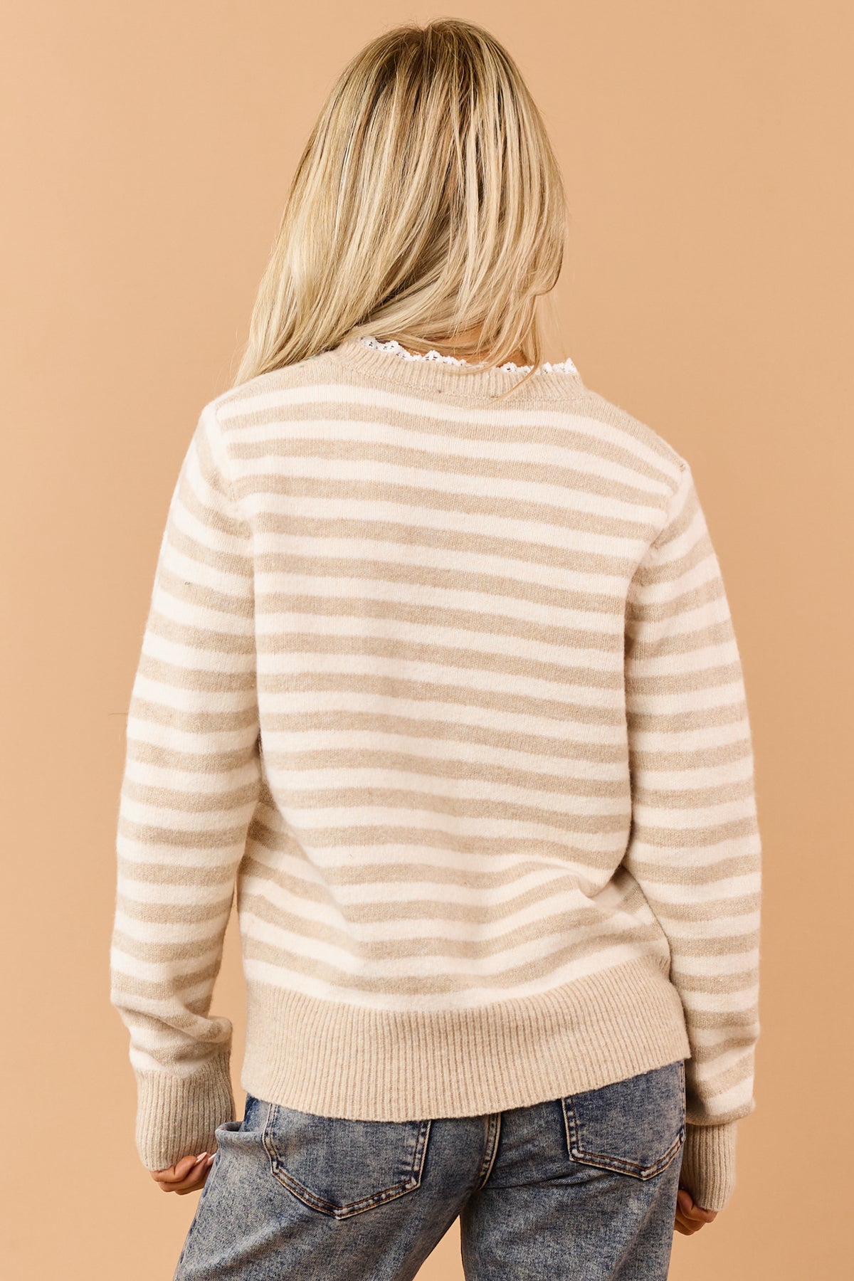 Khaki Striped Henley Knit Lace Trim Sweater