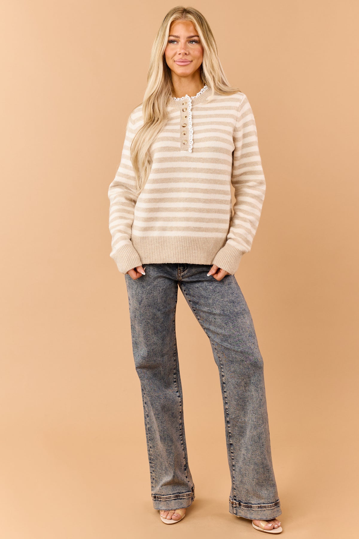 Khaki Striped Henley Knit Lace Trim Sweater