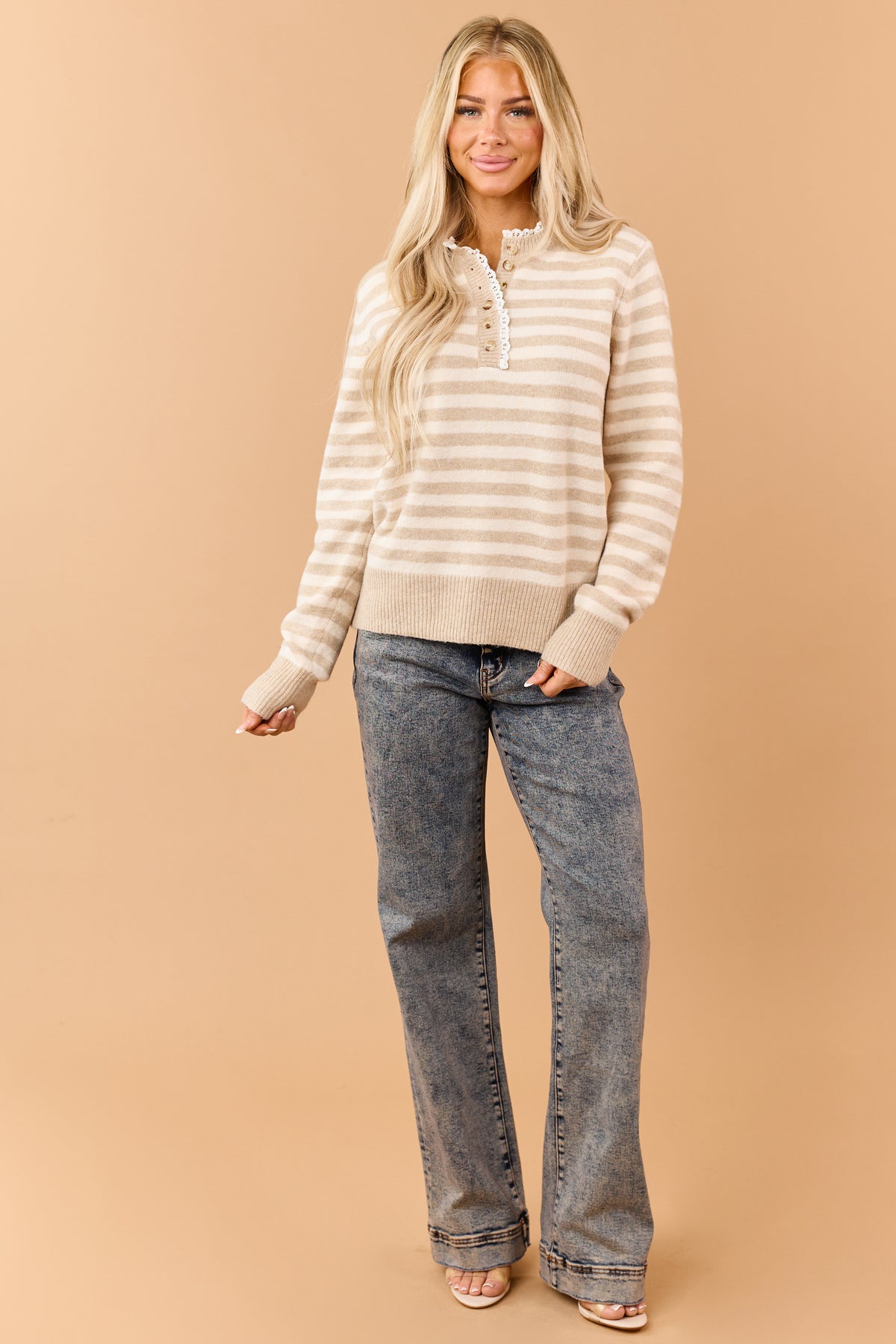Khaki Striped Henley Knit Lace Trim Sweater
