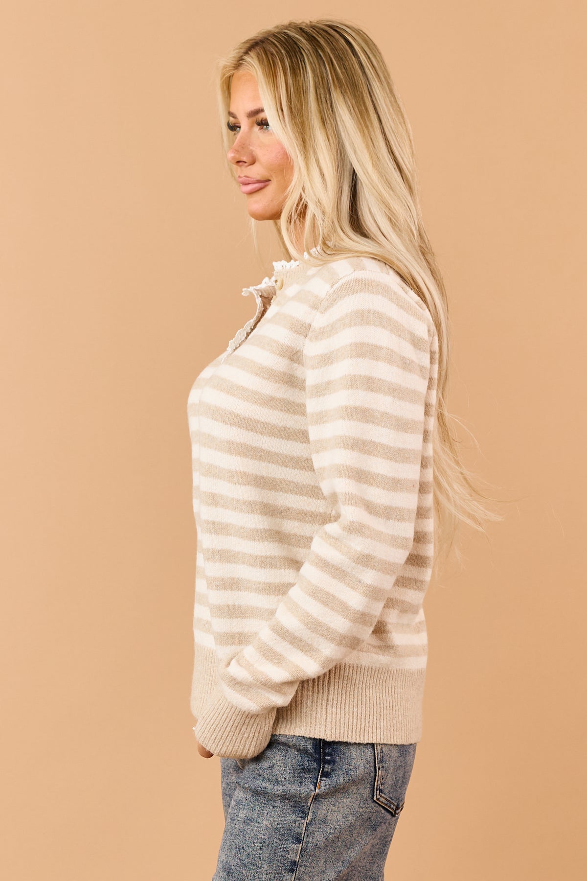 Khaki Striped Henley Knit Lace Trim Sweater