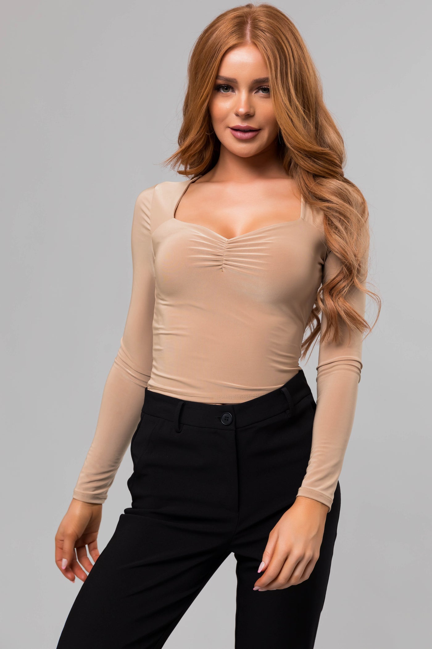 Khaki Sweetheart Neck Long Sleeve Crop Top