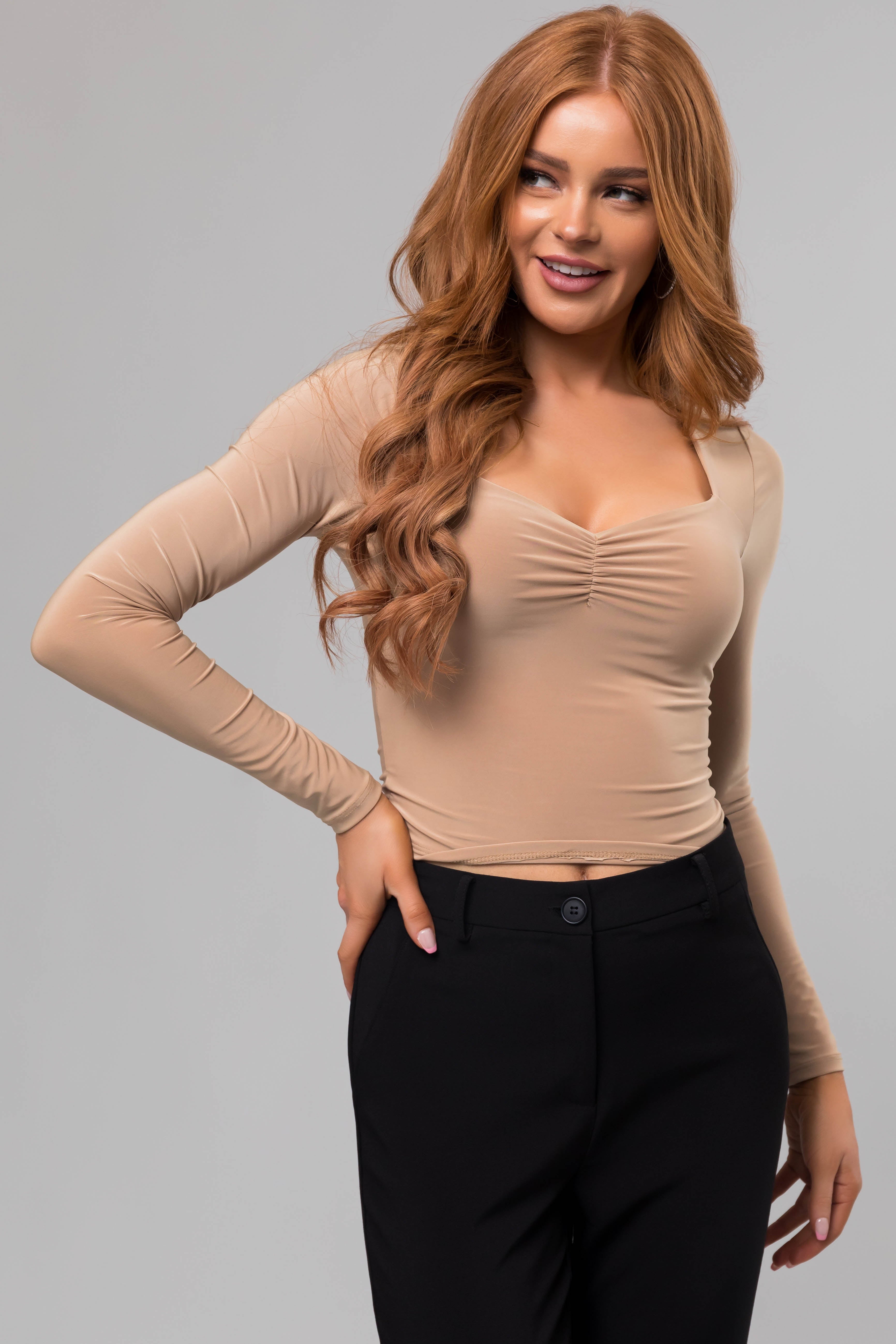 Khaki-Sweetheart-Neck-Long-