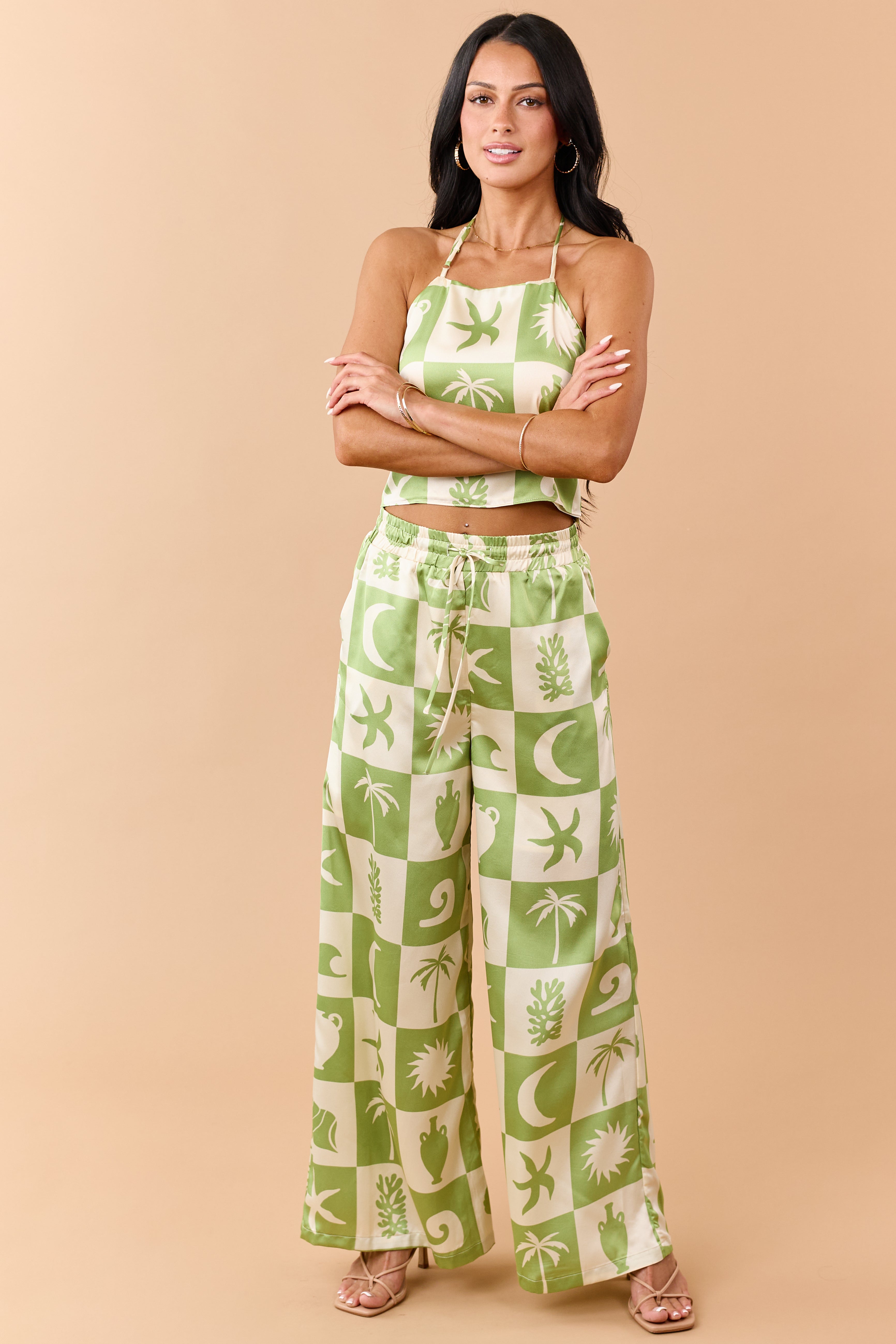 Kiwi Checkered Coastal Print Satin Pants Set