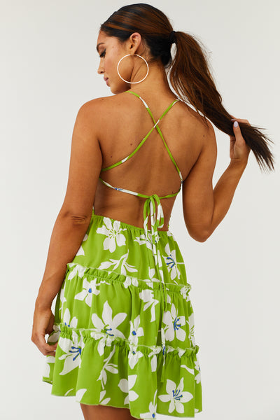 Kiwi Floral Strappy Open Back Tiered Mini Dress