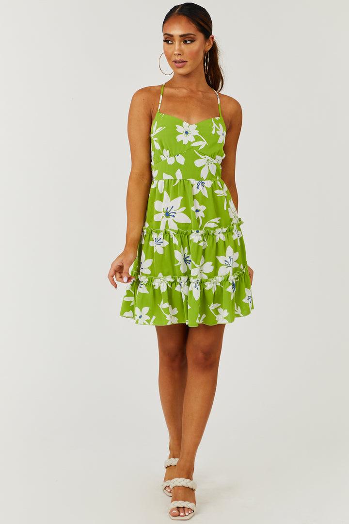 Kiwi Floral Strappy Open Back Tiered Mini Dress