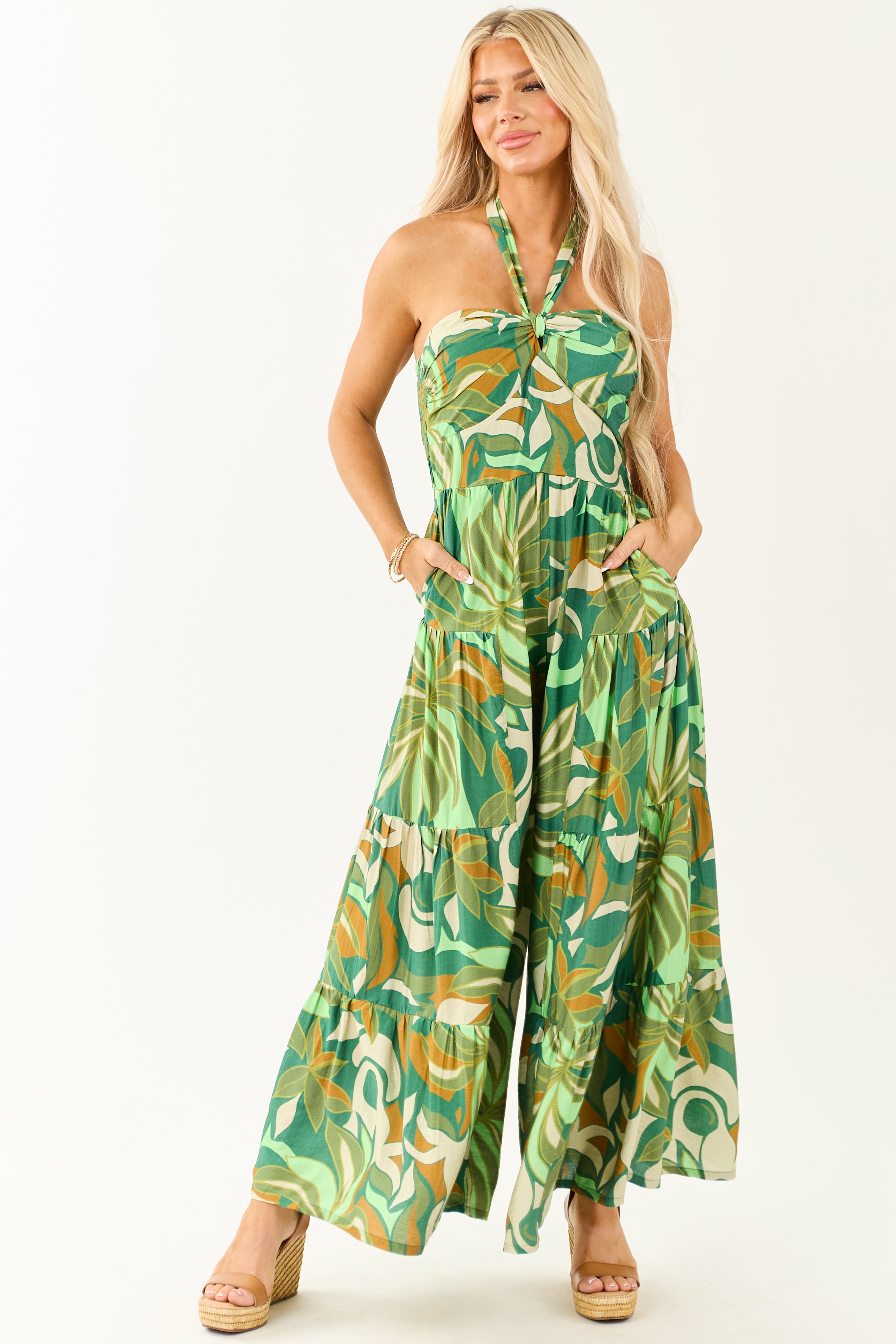 Kiwi Tropical Print Halter Front Tie Jumpsuit | Lime Lush Boutique