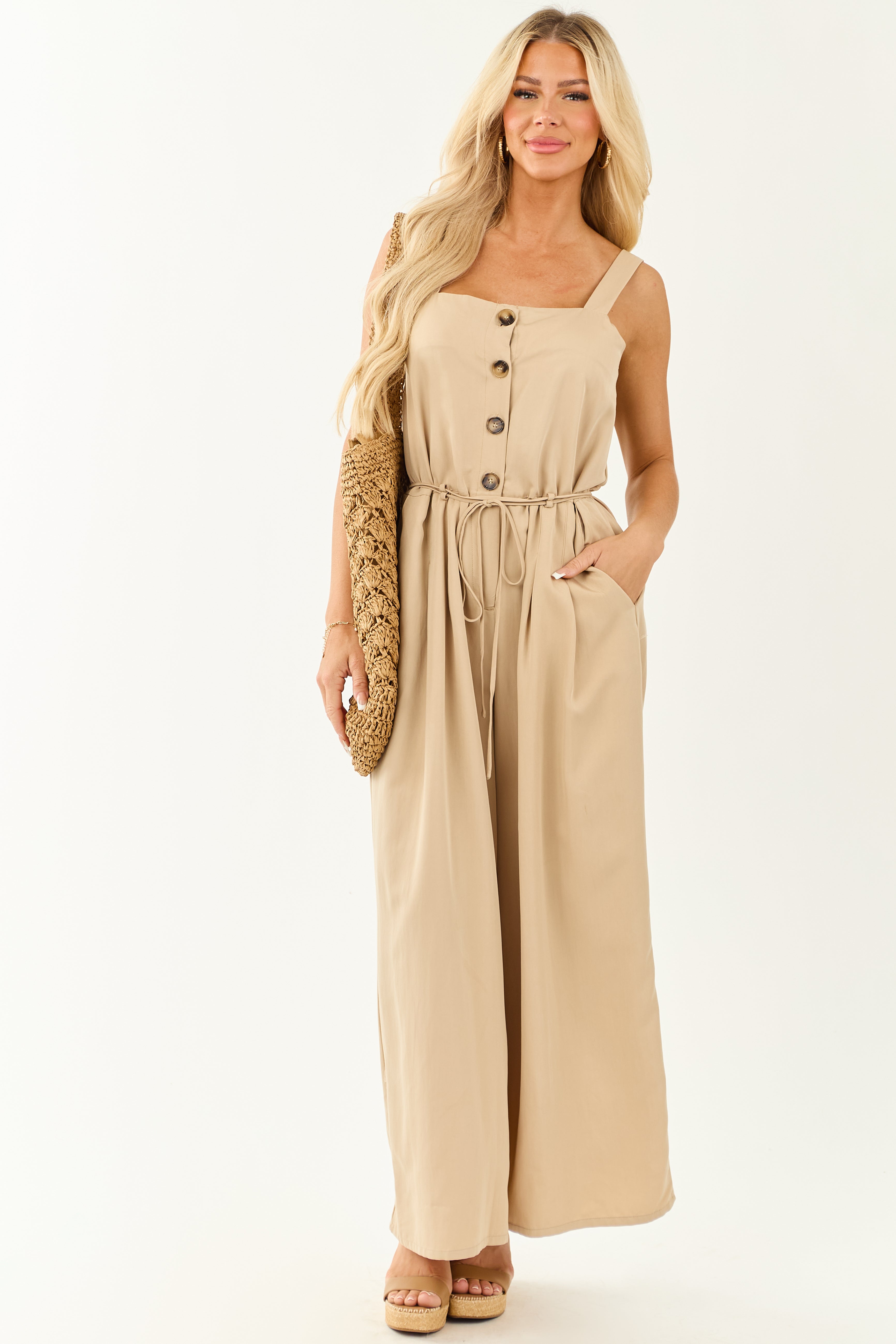 Latte Button Up Wide Leg Sleeveless Jumpsuit