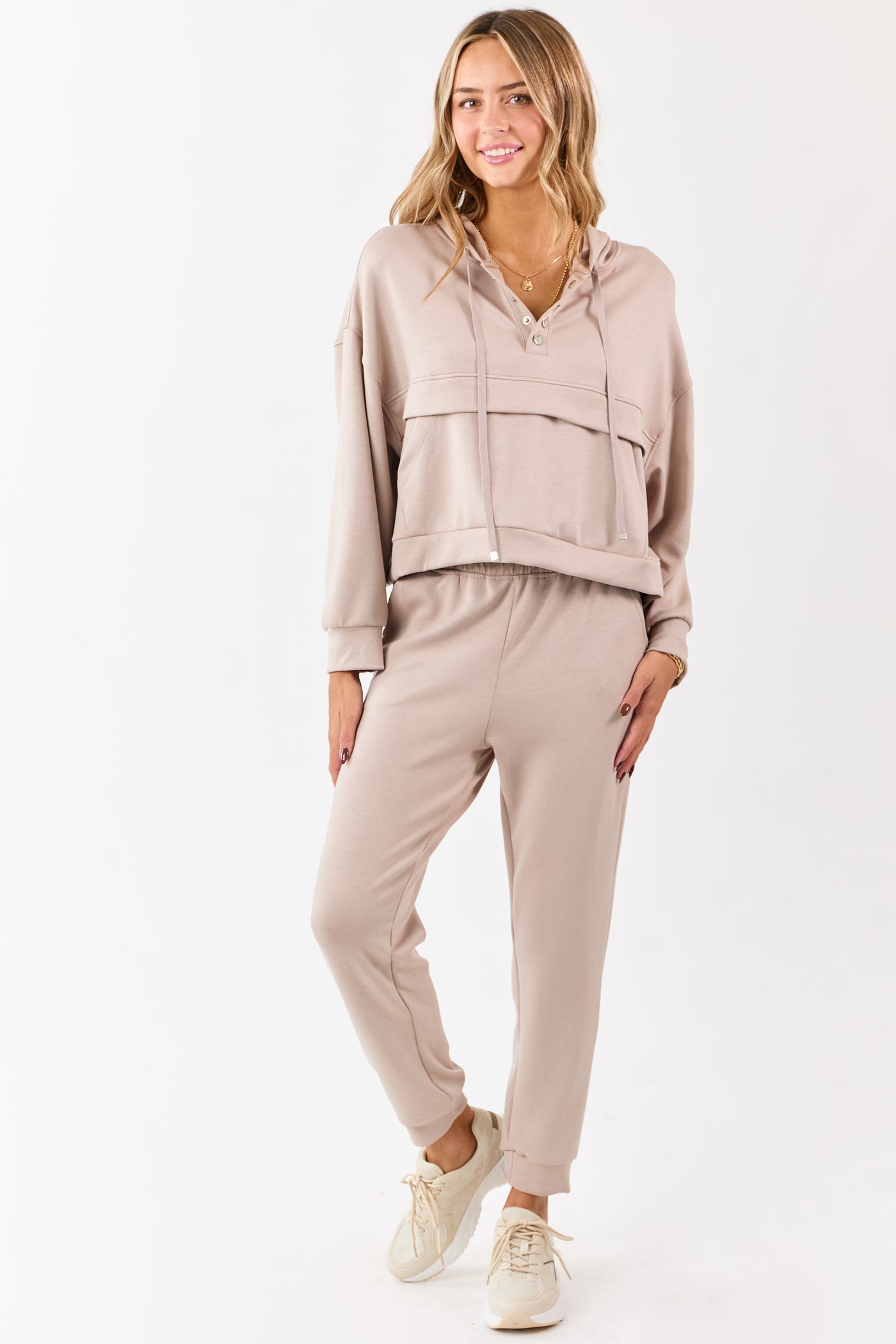 Latte Buttoned Hoodie and Sweatpants Set