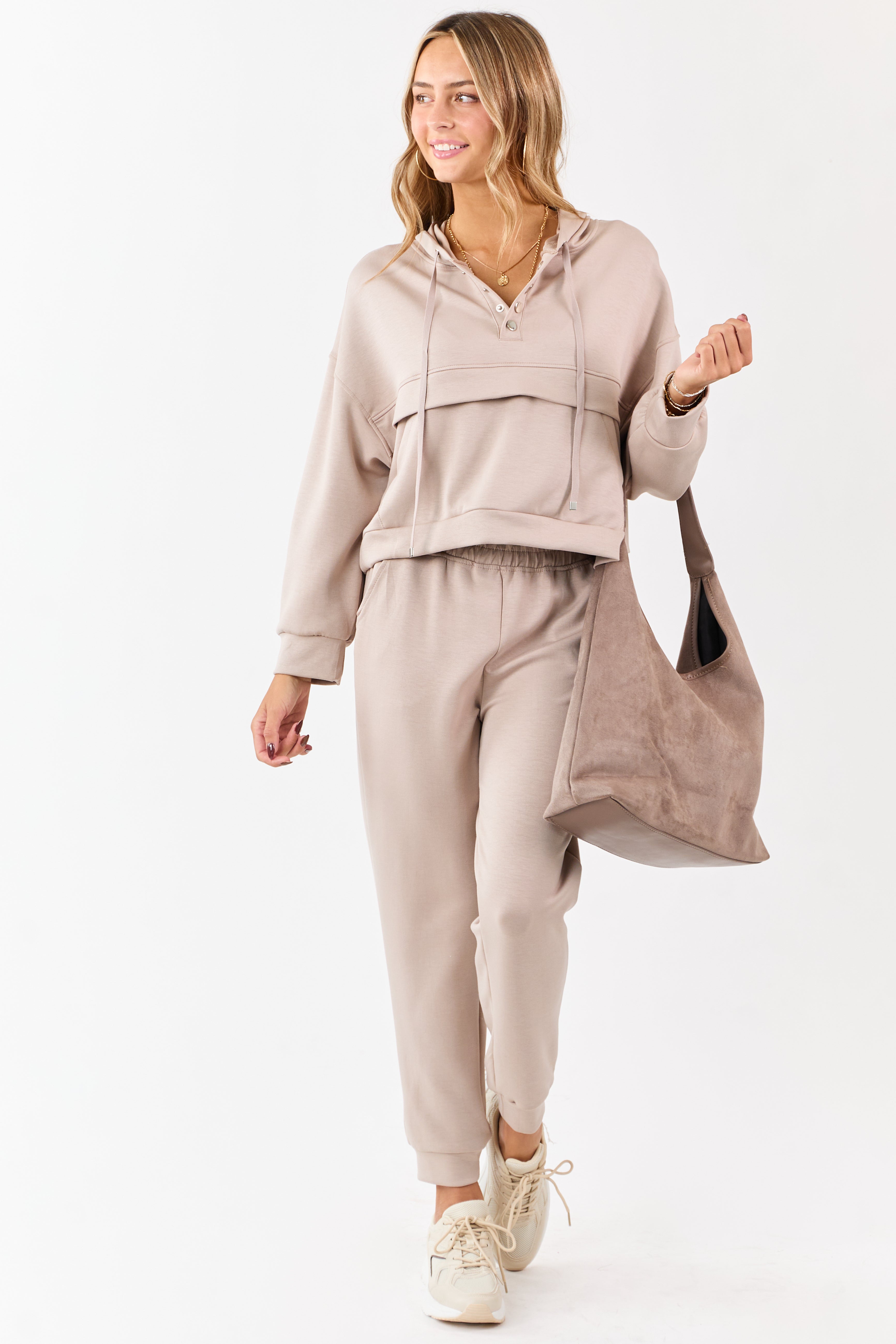 Latte Buttoned Hoodie and Sweatpants Set