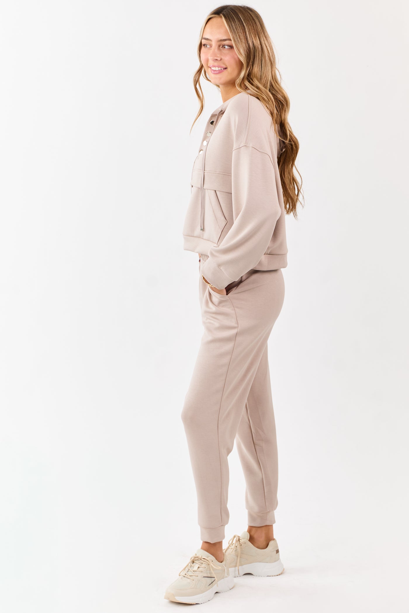 Latte Buttoned Hoodie and Sweatpants Set