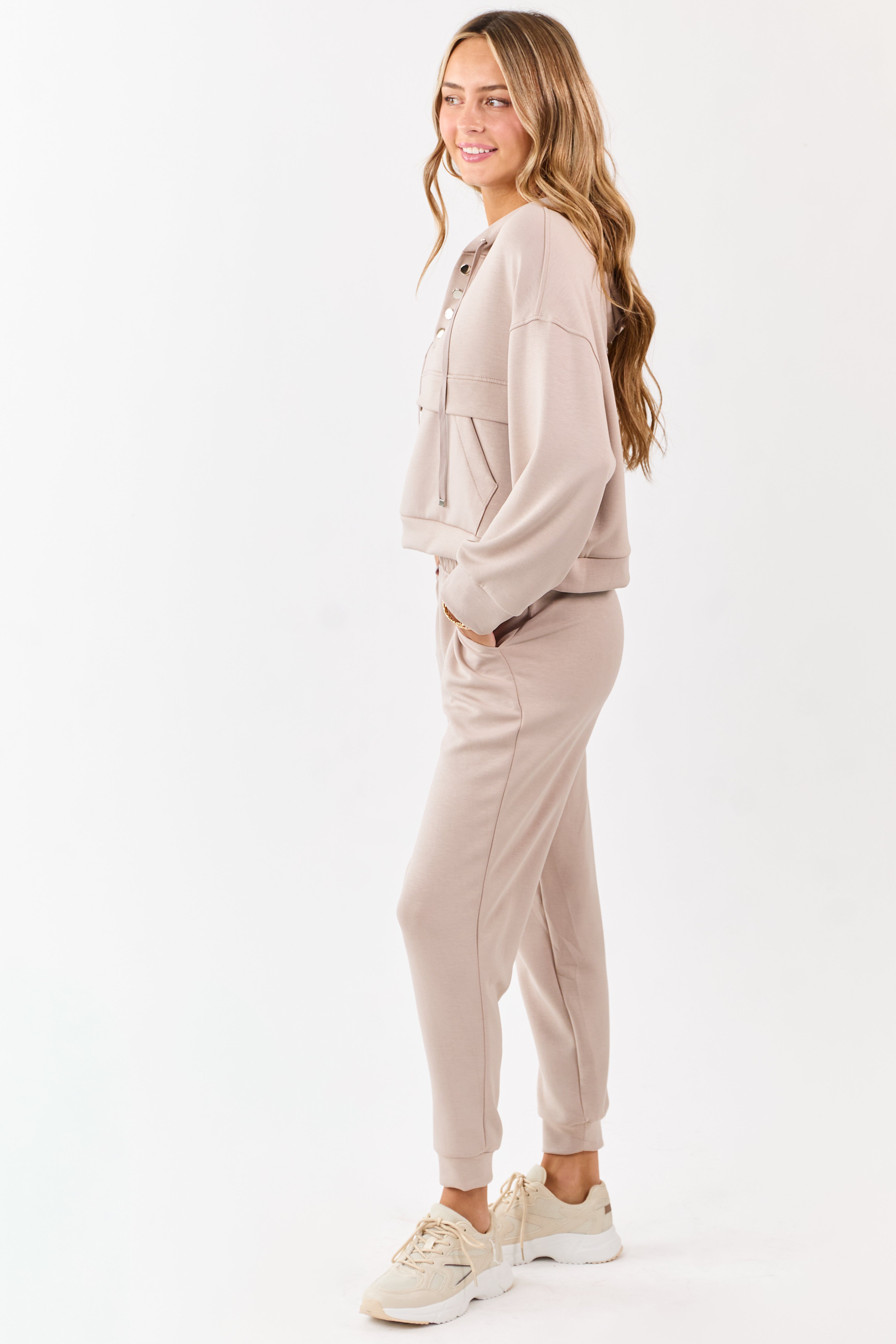 Latte Buttoned Hoodie and Sweatpants Set