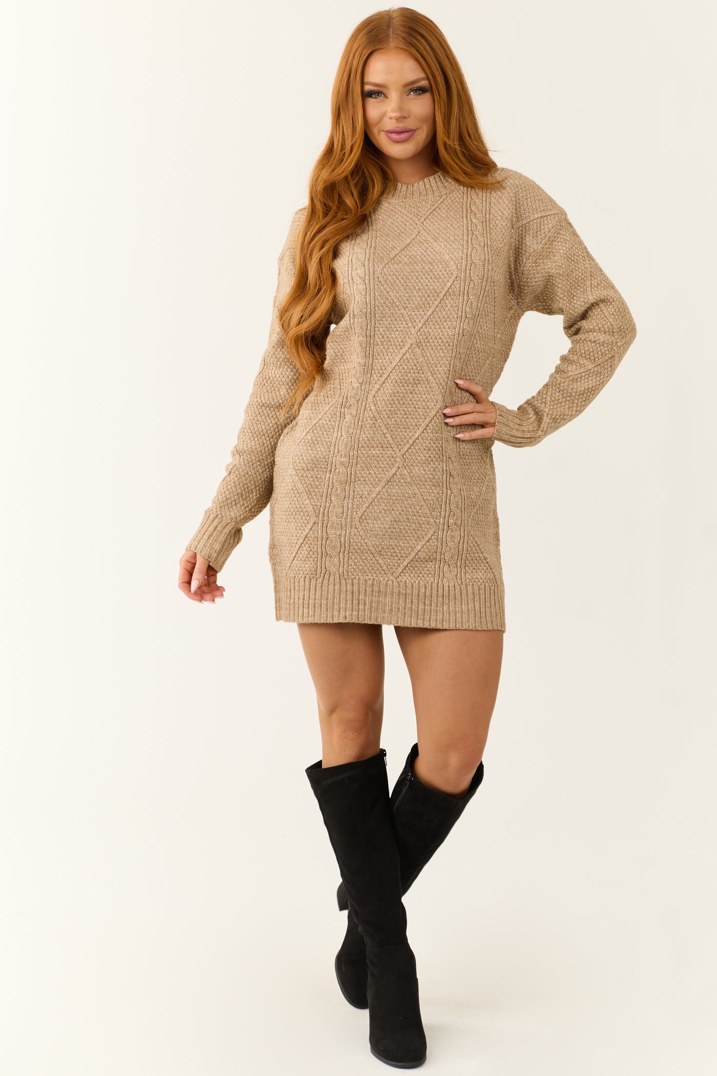 Latte Cable Knit Loose Fit Short Sweater Dress Latte Cable Knit Loose Fit Short Sweater Dress