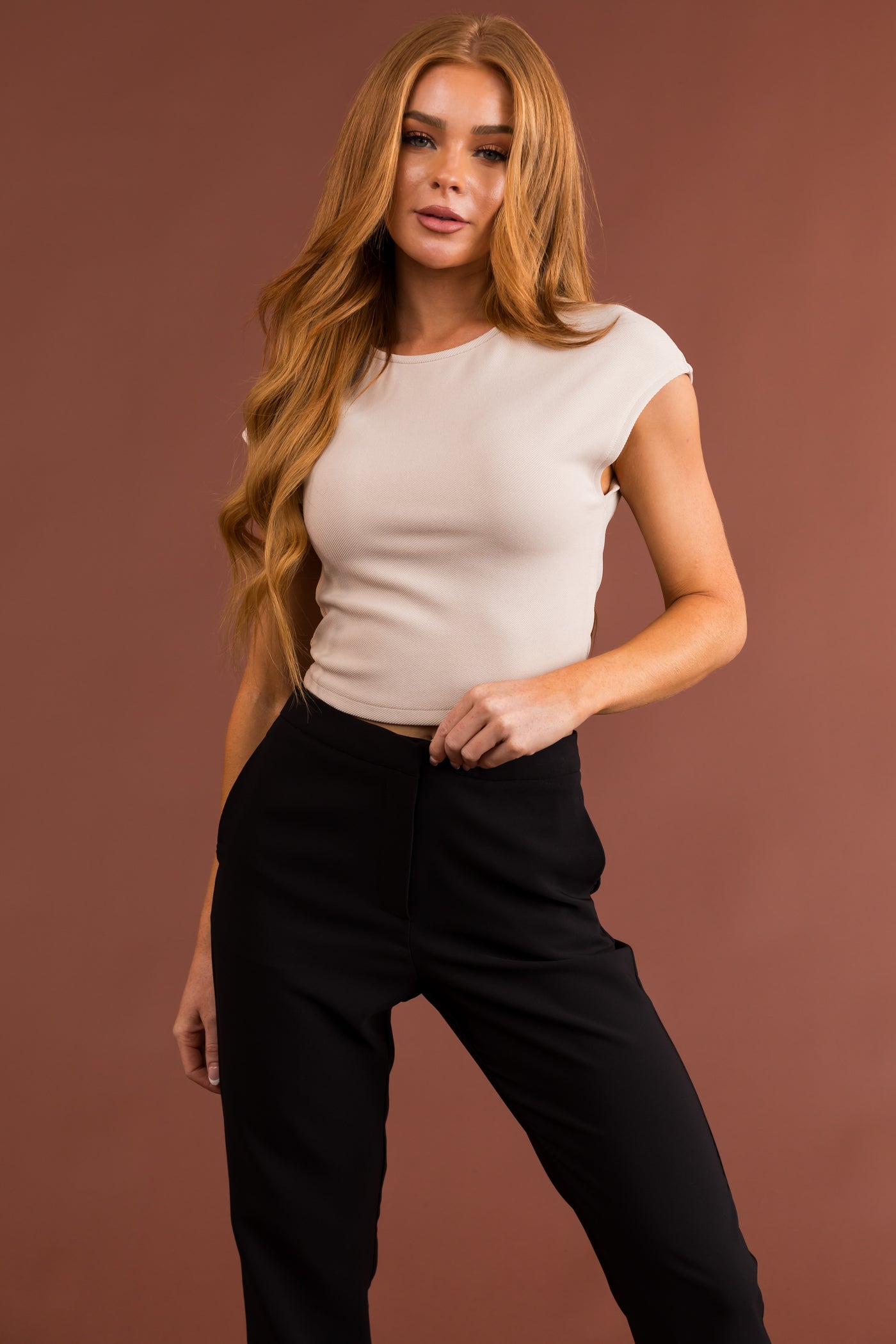 Latte Cap Sleeve Basic Knit Crop Top